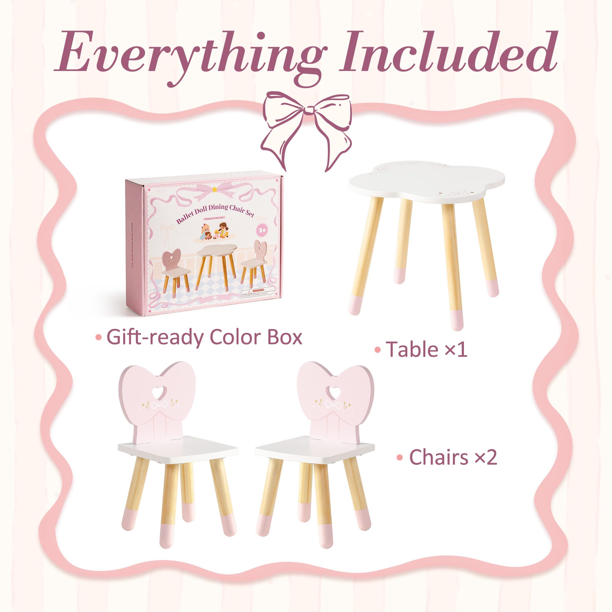 ROBUD Juego de mesa y silla para muñecas de 3 piezas de madera con respaldo de lazo en forma de corazón y mesa de nube, ideal para jugar y muñecas de menos de 45 cm, regalo para niñas a partir de 3