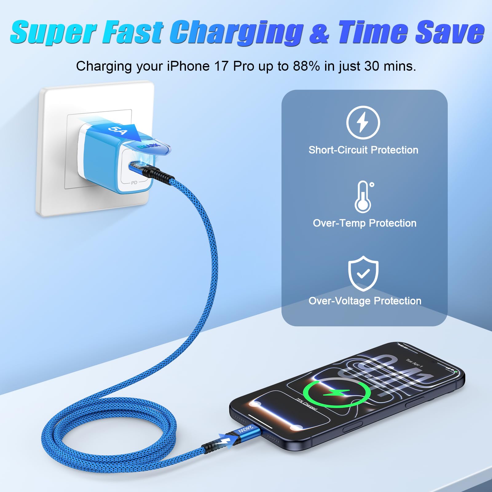 Cable USB C de 10 pies de 240 W USB C a USB C, cable de carga rápida USB C a USBC para iPhone 16 Pro Max/16e/15 Pro, Samsung A17 A16 A36 A54 S25, MacBook Pro/Air, portátil, iPad, Pixel 10/10 Pro XL