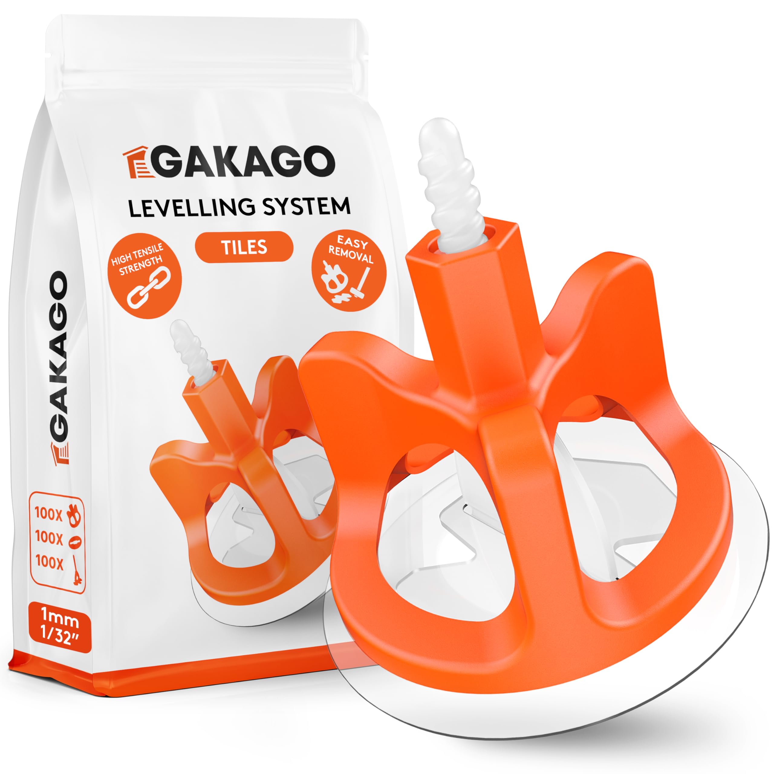 Gakago Tile Levelling System 300-piece Set 1mm (1/32 inch) - Laying aid for a Perfect Joint Pattern - Superior Range for Tile thicknesses 3-18mm (1/8 inch - 3/4 inch) - Tile Protection with washers