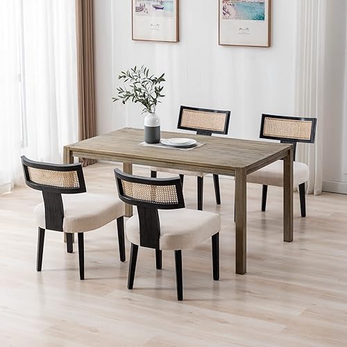 Miniatura 3 de Wahson Juego de 2 sillas de cocina y comedor con respaldo de bastón silla de comedor tapizada de lino retro con patas de madera dura color beige