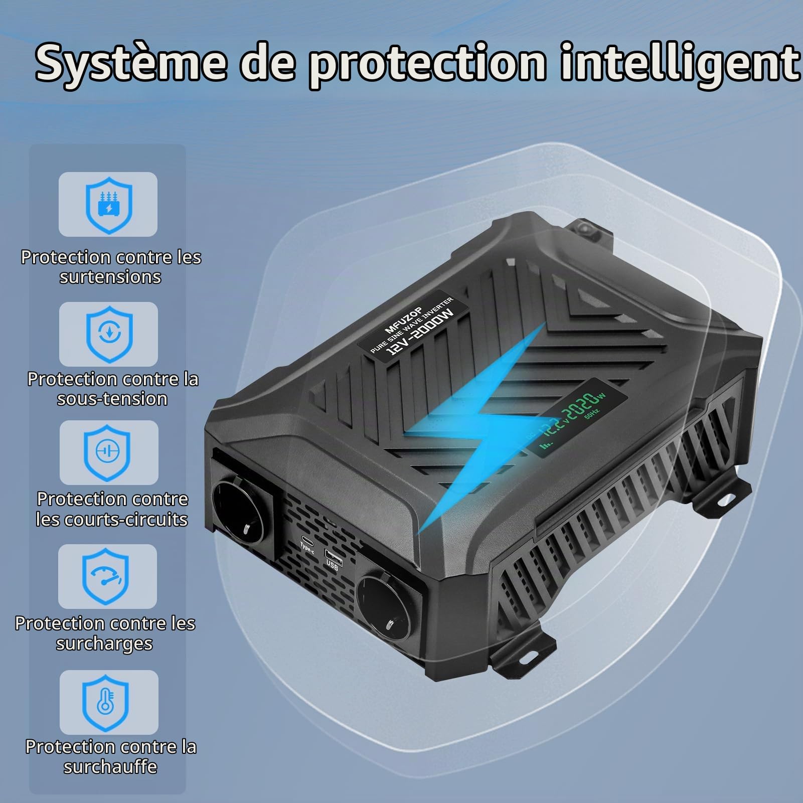 2000W Convertisseur Pur Sinus 12V 220V/230V (4000W Crête), Transformateur avec 2 Prises EU, 1 Type-C, 1 USB 2.1A, Onduleur à Onde Sinusoïdale Pure pour Camping-Car Camion Solaire