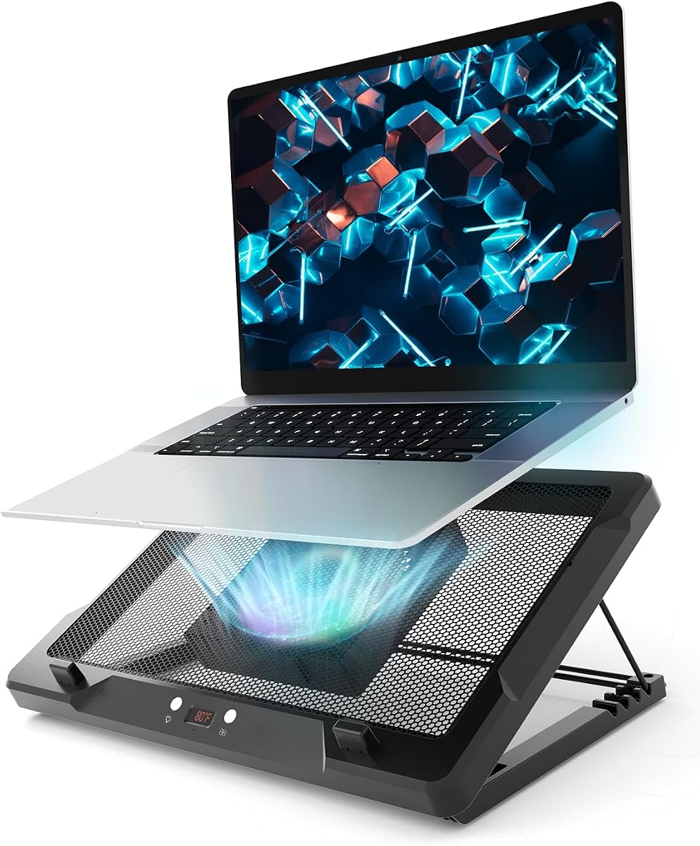 DEPGI Laptop Cooling Pad, Laptop Cooler Stand with 5.5" Movable Fan Easy to Clean, Auto Temp Sensor & 3-Speed Manual Control, Ultra Quiet ≤40dB for 14–17.3 Inch Laptops，Black
