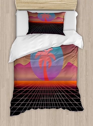Ambesonne Synthwave Duvet Cover Set, 80's Scene Retrowave Design with Palm Silhouette on Abstract Sun and Squares, Decorative 2 Piece Bedding Set