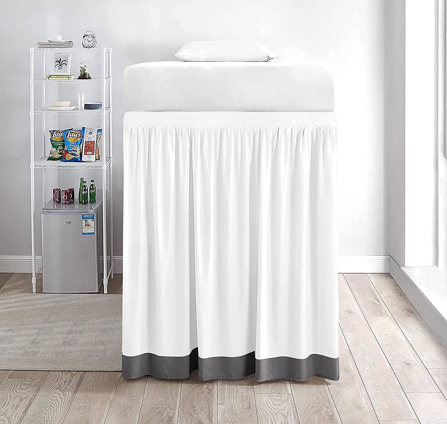 Two-Tone Ruffle Dorm Bed Skirt - Soft 100% Brushed Microfiber Material & 3 Sided Fabric Coverage - Dual Solid Color Bed Skirt for Dorm/College Room-White/Dark Grey Solid.