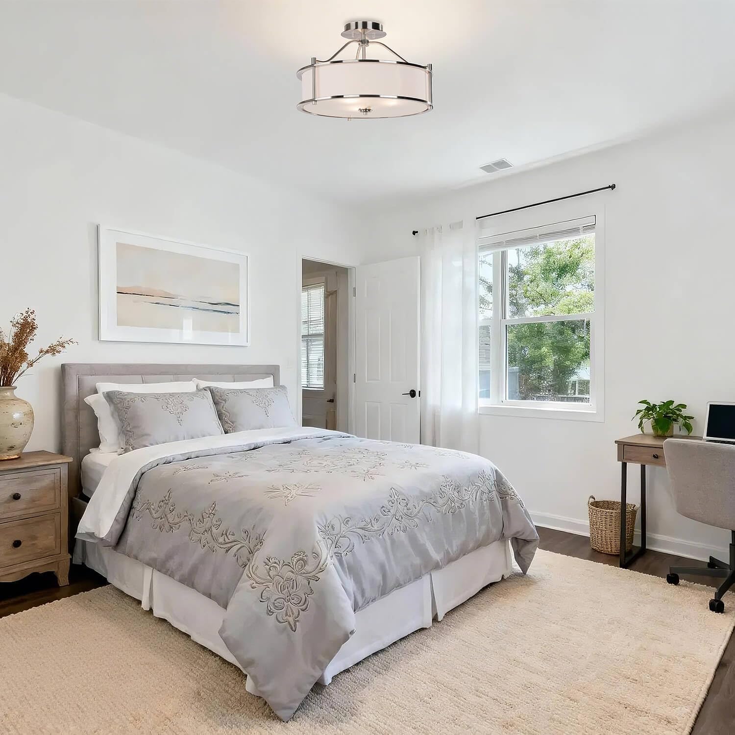 XiNBEi Lighting Semi Flush Mount Ceiling Light 18 inch 3 Light Close to Ceiling Light with Fabric Shade and Glass Diffuser, Brushed Nickel Drum Semi Flush Light for Dinning & Bedroom XB-SF1199-BN