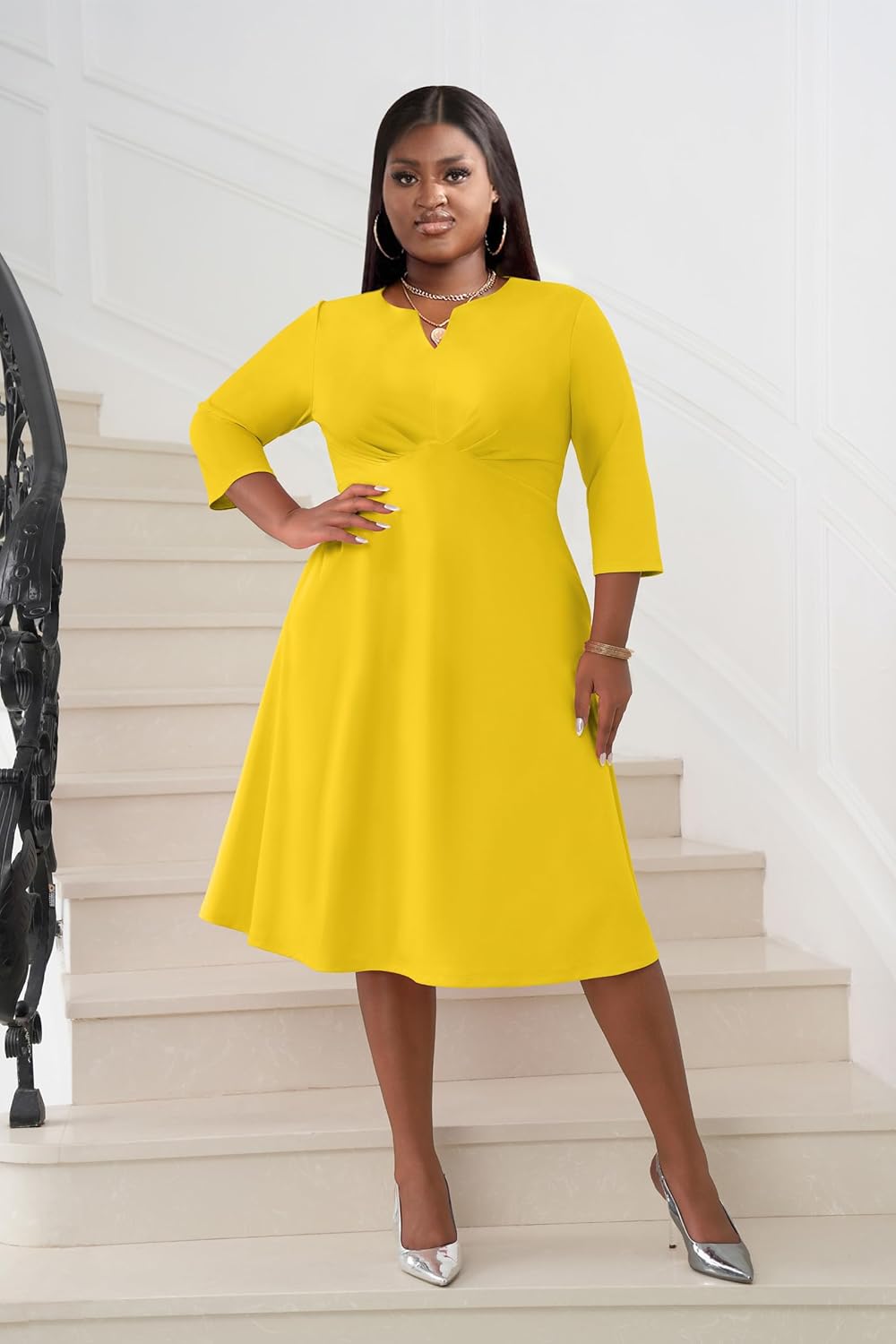 Nmoder Women's Plus Size Stretchy Flared Wrap Dress Casual Wedding Guest Midi Dresses V Neck 3/4 Sleeve A-Line Swing Dress - Image 2