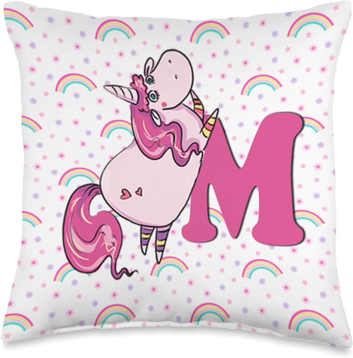 Unicorn Letter M Rainbow Monogram "M" Initial Girls Gift Throw Pillow