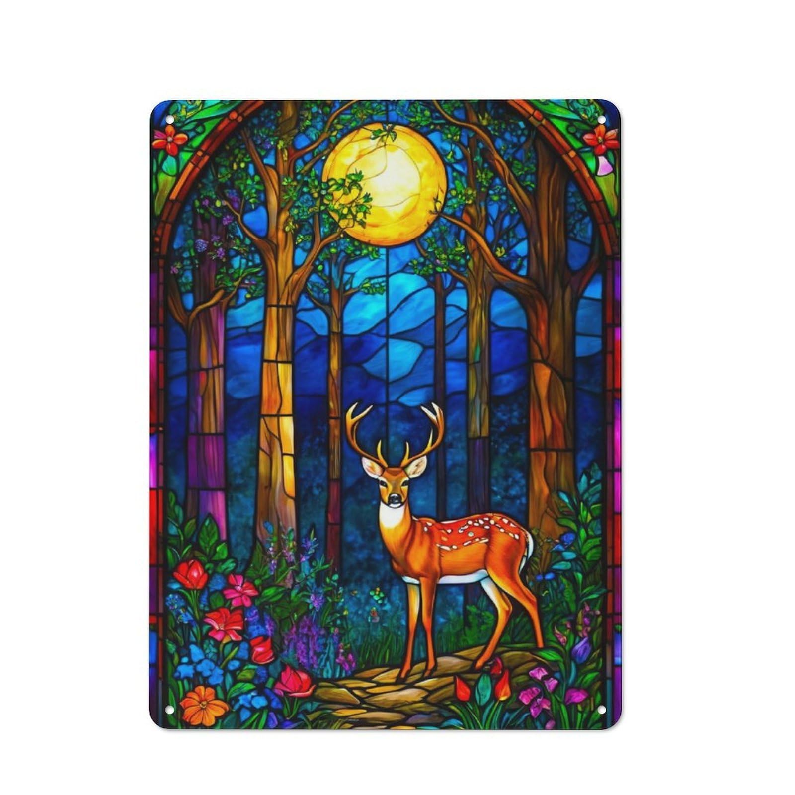 Junmoney Stained Glass Deer In Forest Retro Metal Wall Sign 40X30cm With For Garage Wall, A Decorative Metal Sign For Garages And Workshops