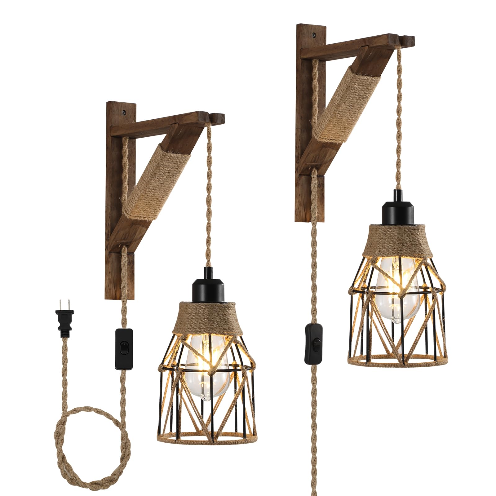 SEEBLEN Plug in Wall Sconces Set of 2,Farmhouse Hanging Lamps That Plug into Wall Outlet, Rustic Metal Cage Sconce with Wooden Bracket for Bedroom Living Room Headboard.