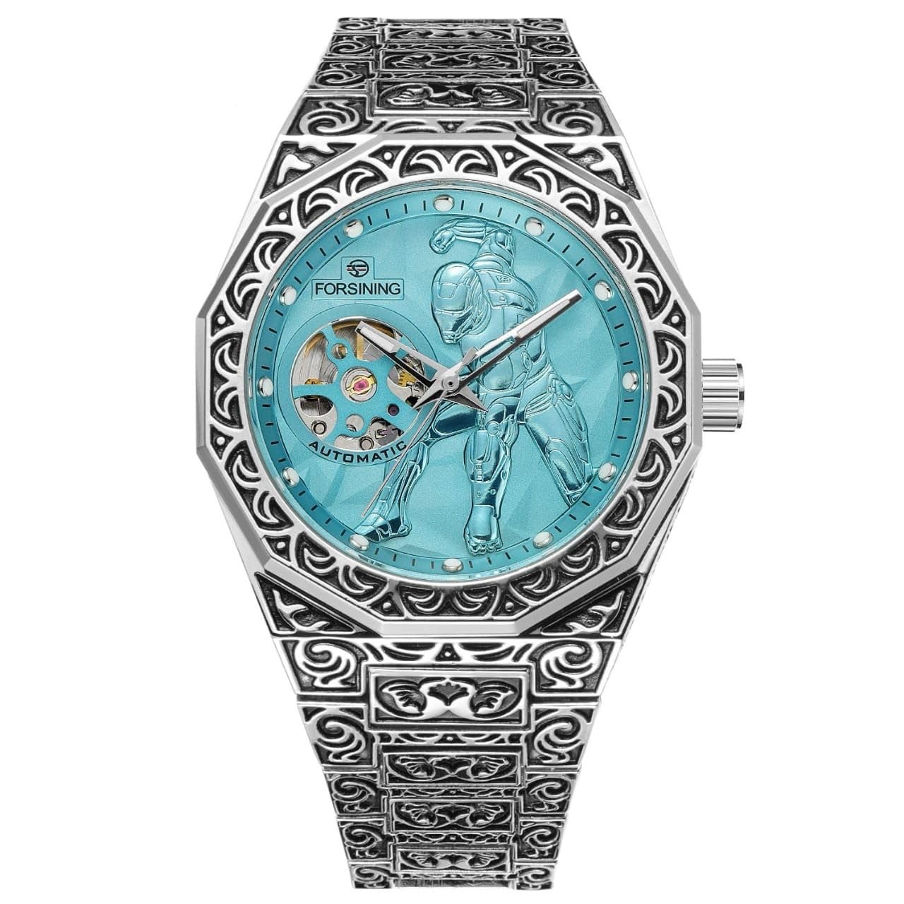 FORSINING Automatic Mechanical Watch, Octagonal Case, Turquoise Dial, Carved Silver Metal Band