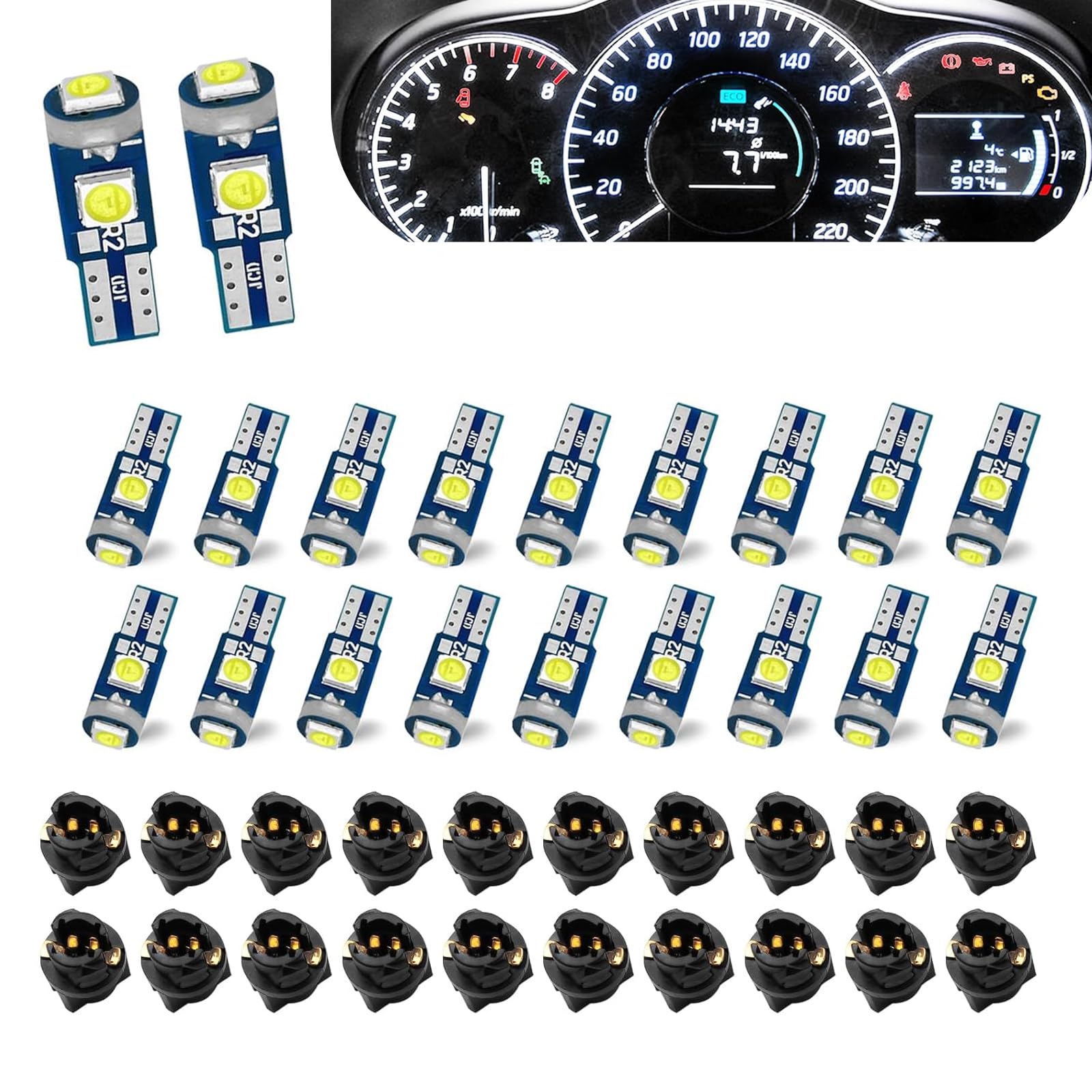20 PCS 74 Led Bulb Dash Lights Auto Instrument Cluster Bulbs, T5 37 74 LED Bulb with Sockets, Universal Dashboard Lights,Replacement Instrument Panel Gauge Light Kits (White)