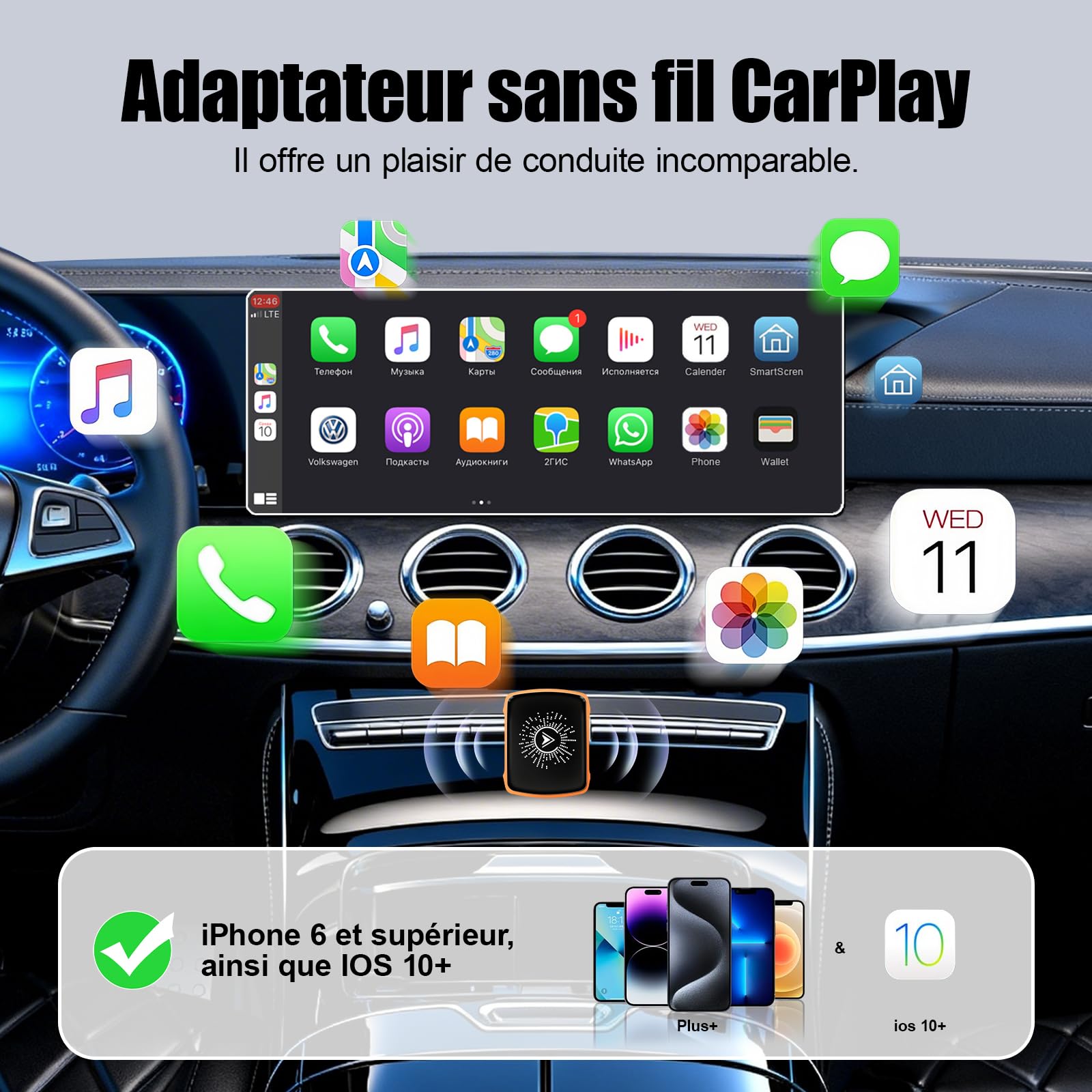 2026 Bezprzewodowy adapter CarPlay z czterordzeniowym procesorem 5G bez opóźnień. Gotowy do użycia adapter CarPlay z funkcją przewodowo-bezprzewodową, szybkie i stabilne połączenie