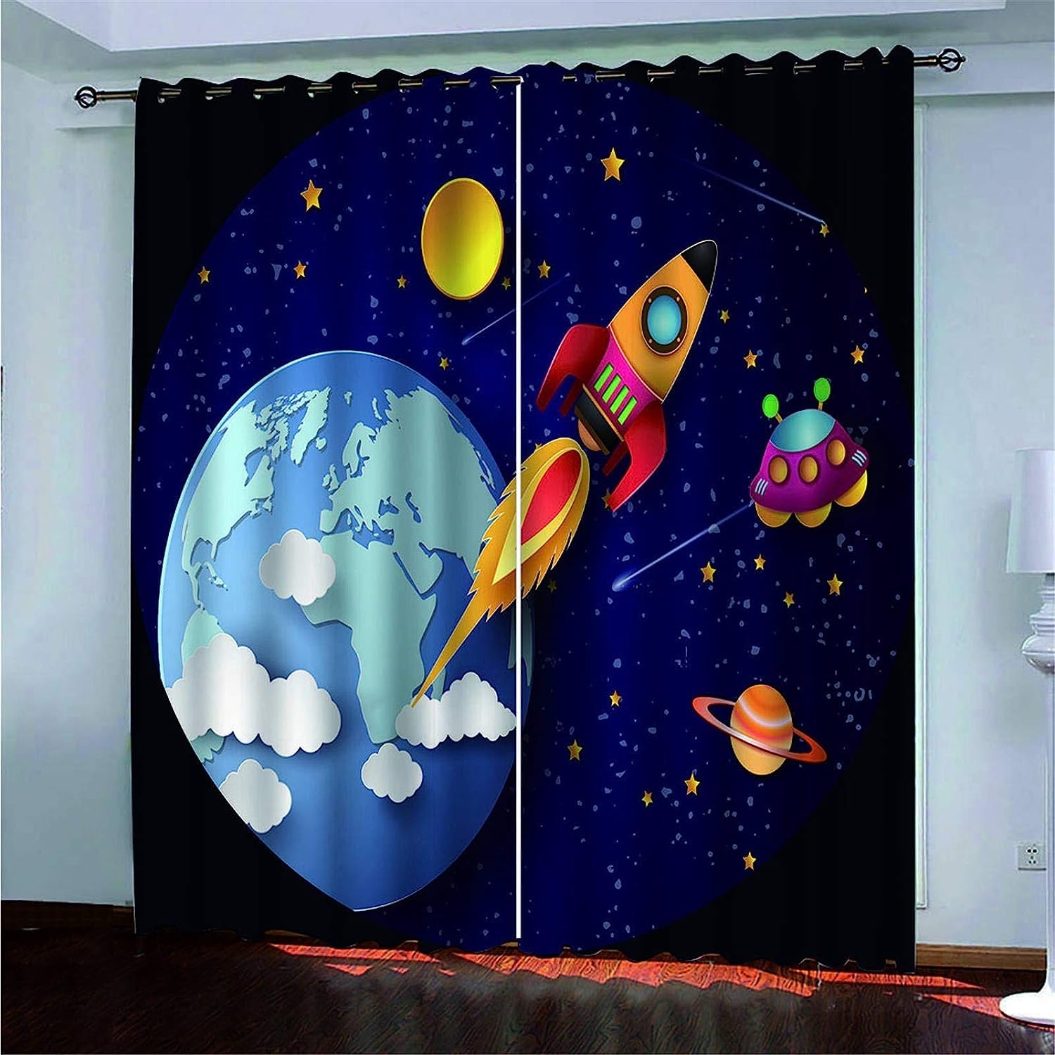Cortinas Niño Niña Habitacion Opacas con Ojales 3D Nave Espacial Espacio 2 Piezas Cortinas Termicas Aislantes Frio Y Calor Salón Dormitorio Ventana