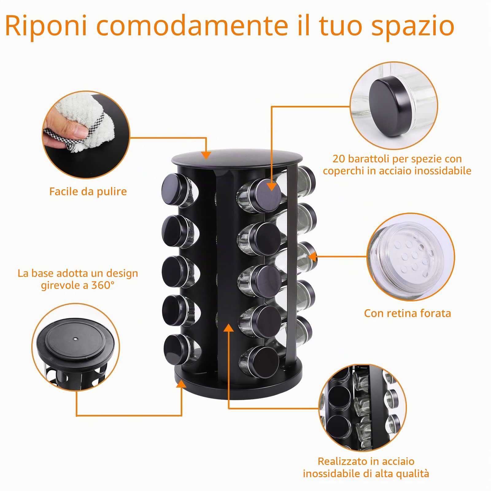 Carosello per Spezie a 360°, Portaspezie Girevole con 20 Barattoli, Etichette, Penna, Imbuto, Coperchio, Organizzatore di Spezie in Acciaio Inossidabile per Piano di Lavoro, Nero