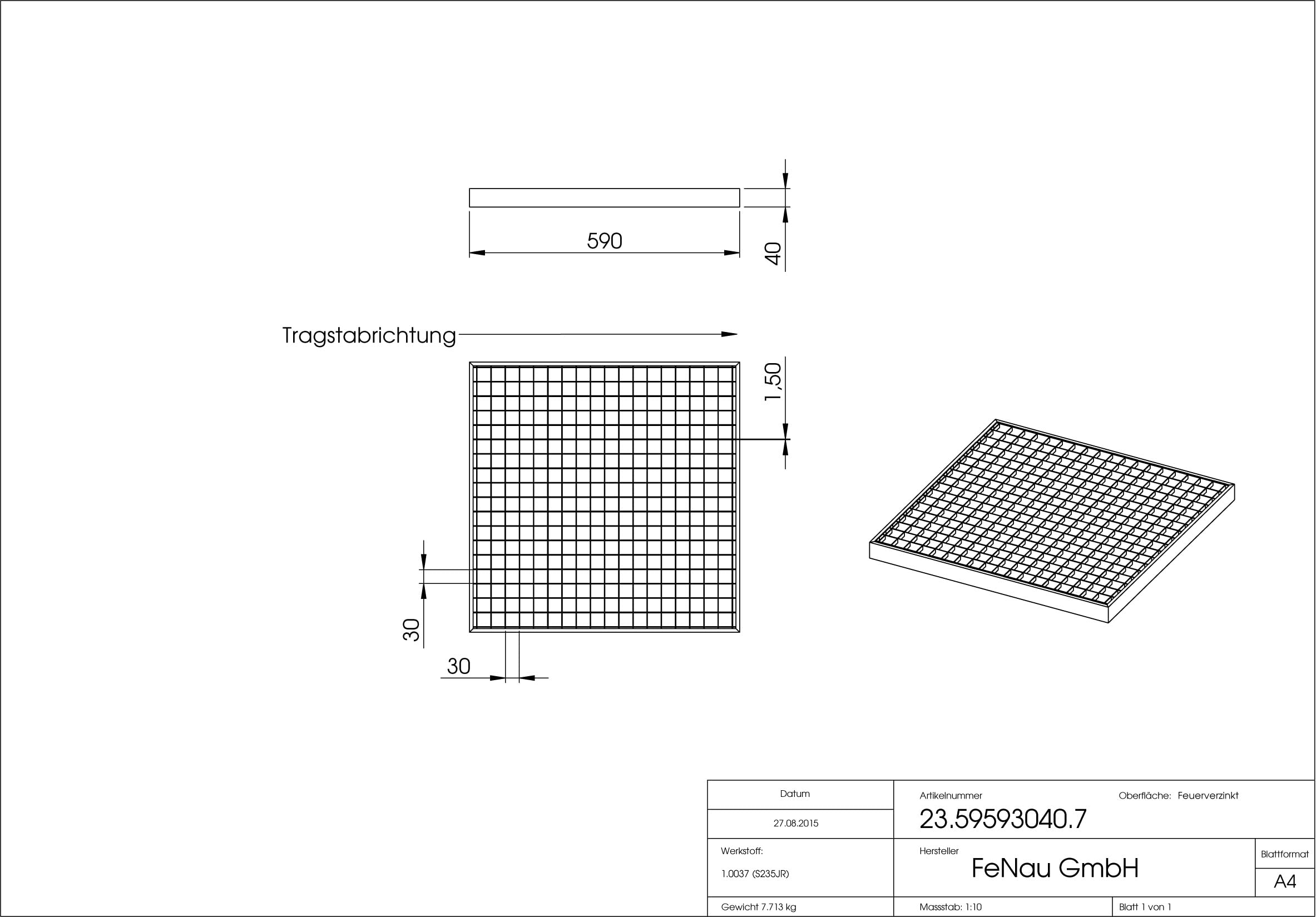 Fenau | Grigliato/Griglia per garage Dimensioni: 590 x 590 x 40 mm - MW: 30 mm / 30 mm (zincato a caldo) (Adatto per telaio: Fenau 600 x 600 x 43 mm)