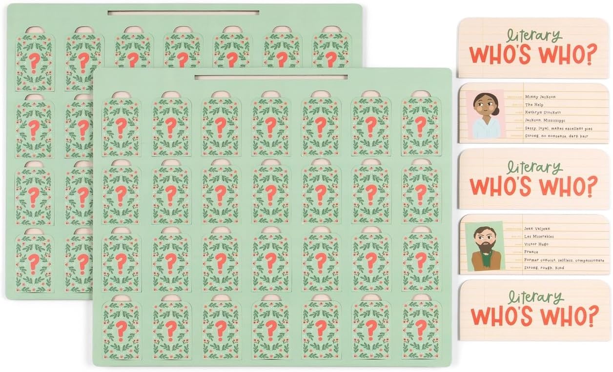 Pippi Post Literary Who's Who Classic Board Game, 28 Character Cards, Book Themed Guessing Game with Character Profiles, 11.5x13.75 Inches, Two Player Interactive Game for Book Lovers