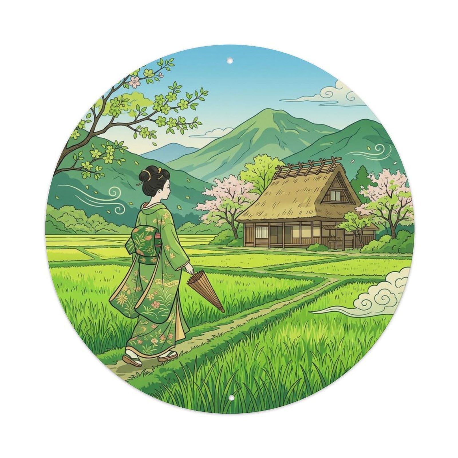 Japanese Elegant Lady Green Rice Field Spring Ornament Metal Tin Sign