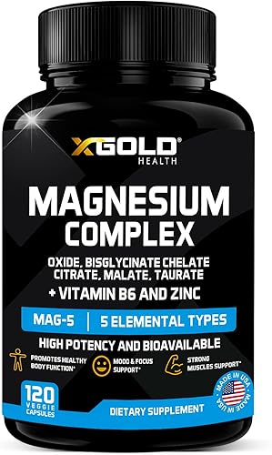 Complejo de magnesio de 500 mg con vitamina B6 y suplemento de zinc Complejo Mag - 5 en 1 con óxido de magnesio, quelato de bisglicinato, citrato,