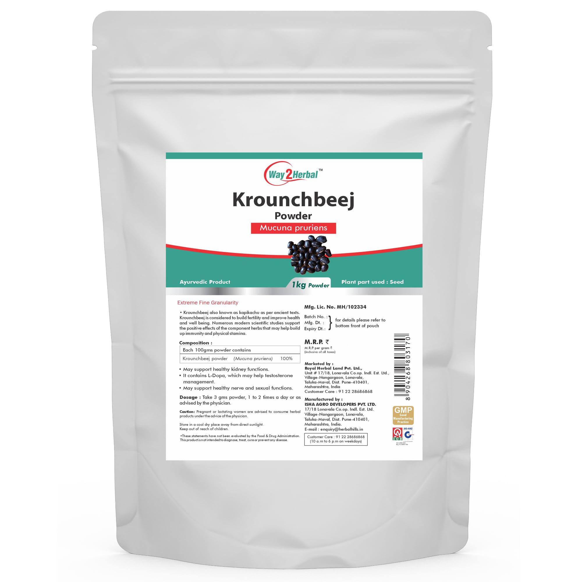 Krounchbeej Seed Powder Mucuna Pruriens (1 Kg Pack of 1)