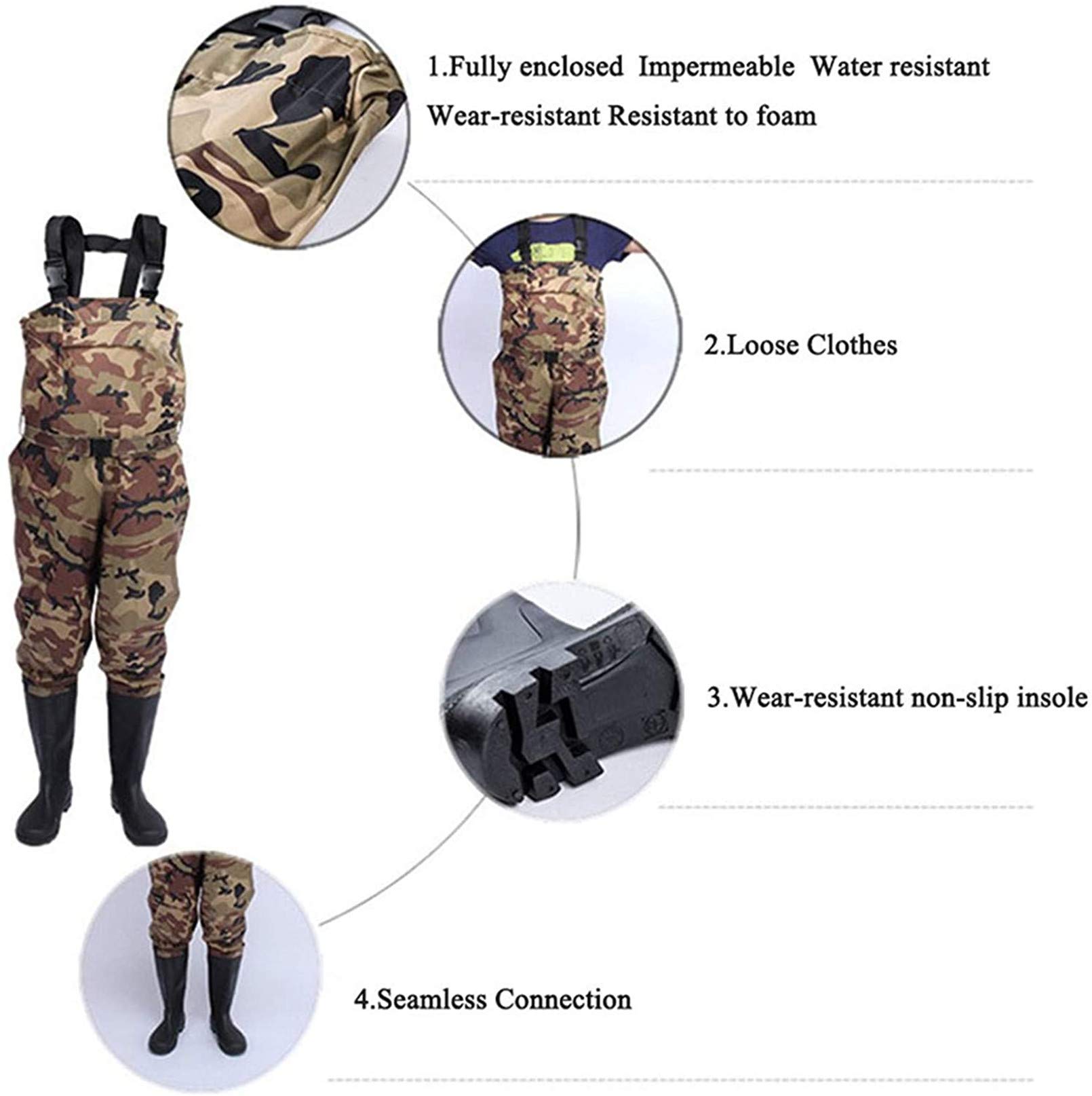 Waders Imperméables QTDZ – Pantalon De Pêche En Nylon/PVC, Avec Bottes, Camouflage, Tailles 38 à 47, Pour Homme Et Femme, Chasse, étang, Travaux Agricoles