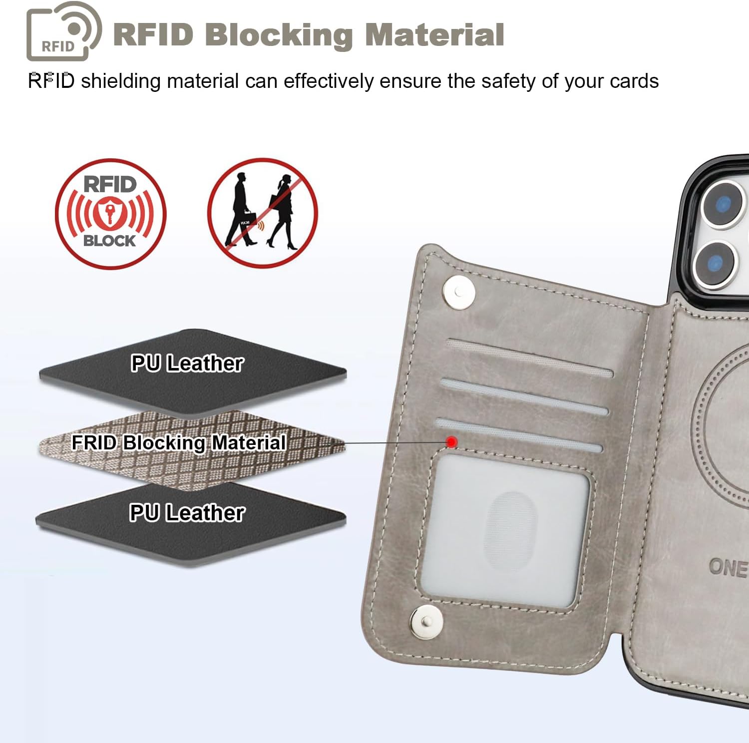 ONETOP Compatible with Magsafe for iPhone 17 Pro Max Wallet Case with Card Holder, PU Leather Kickstand RFID Blocking Case, Double Magnetic Clasp and Durable Shockproof Cover 6.9 Inch (Grey)