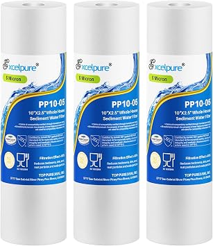 EXCELPURE 5 Micron 10" x 2.5" Whole House Sediment Home Water Filter Cartridge Replacement for Any 10 inch RO Unit, Culligan P5, Aqua-Pure AP110, Dupont WFPFC5002, CFS110, WHKF-GD05, PP10-05, 3PACK