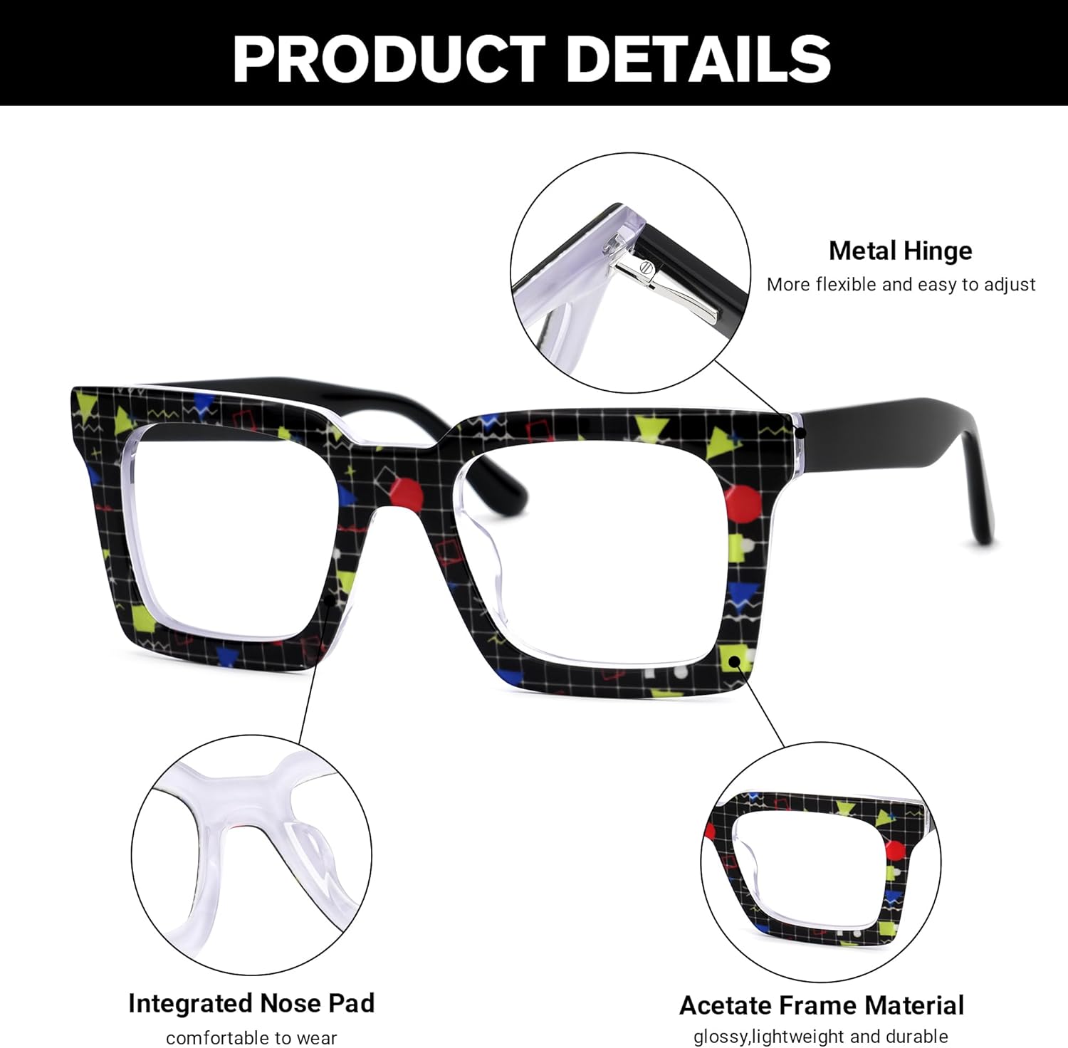Zeelool Sqaure Glasses Frame for Men Women, Acetate Eyeglasses Frame with Non-prescription Clear Lenses ZJGA236887 - Image 4