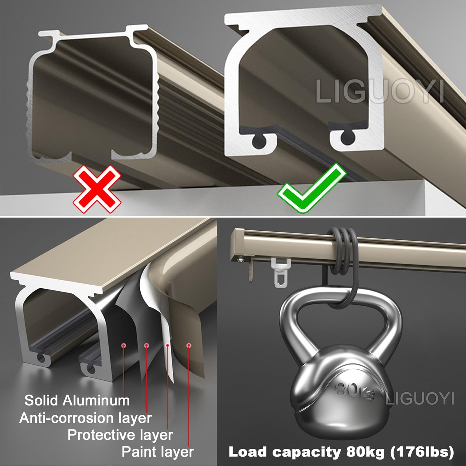 Wysokiej jakości aluminiowy karnisz, regulowany, 50 600 cm, wyciszony pojedynczy tor do zawieszenia na ścianie, nośność 80 kg, stylowy metalowy pręt w kolorze złotym, czarno-białym.