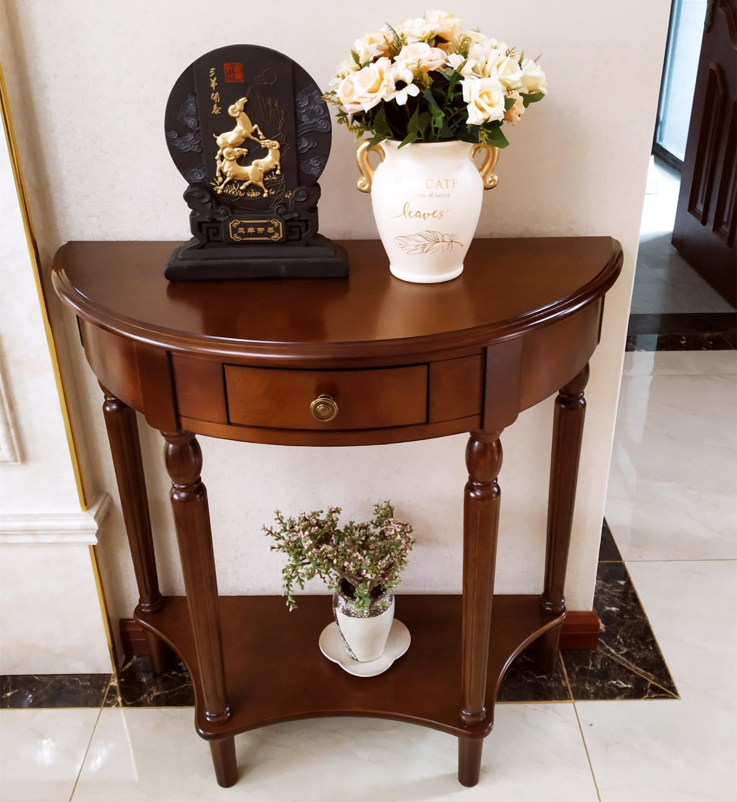 Solid Wood Console Table with Drawer, Semi-Circle Entryway Storage Shelf, Half-Moon Porch Table Side Elegant Vintage Sofa for Living Room (Walnut-Colored (23.6" L x 11.8" W x 31.5" H))