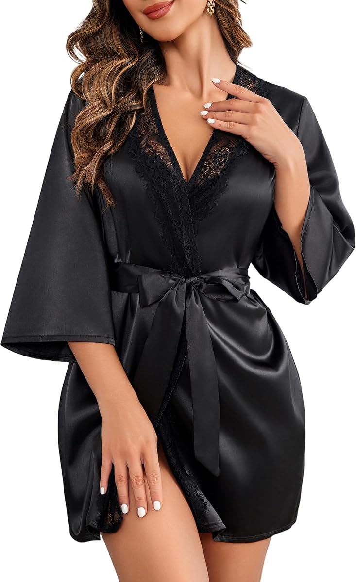 Women's Kimono Robe Short Satin Pure Short Silky Robes | Silk Robes for Women Lightweight Kimono Bridesmaid Bride Wedding Party Bathrobes V-Neck Sleepwear