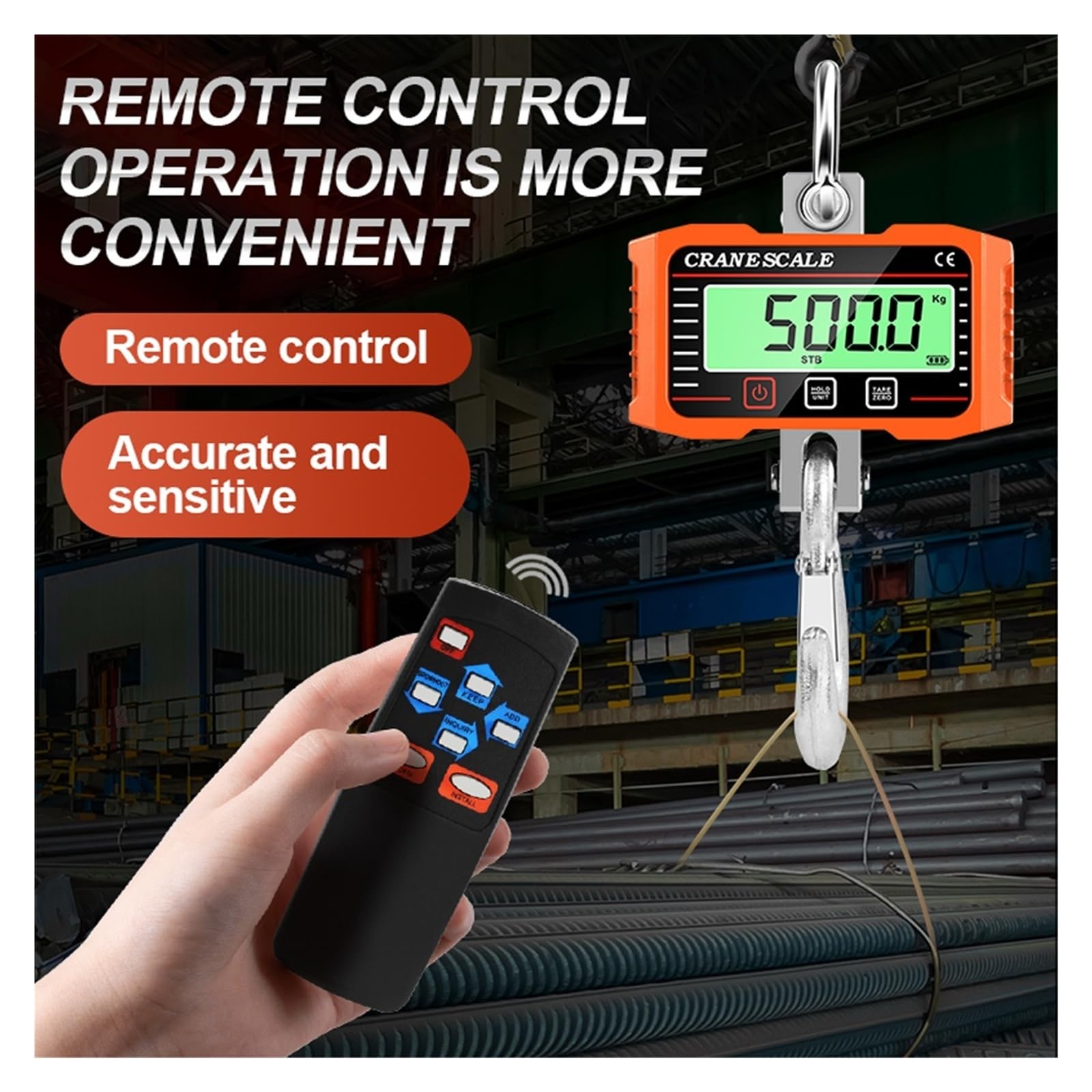Pantalla LCD Digital, báscula Crance de 2000kg, báscula de elevación de mano, medidor de pesaje de grúa con gancho de peso resistente Múltiples funciones(Black)