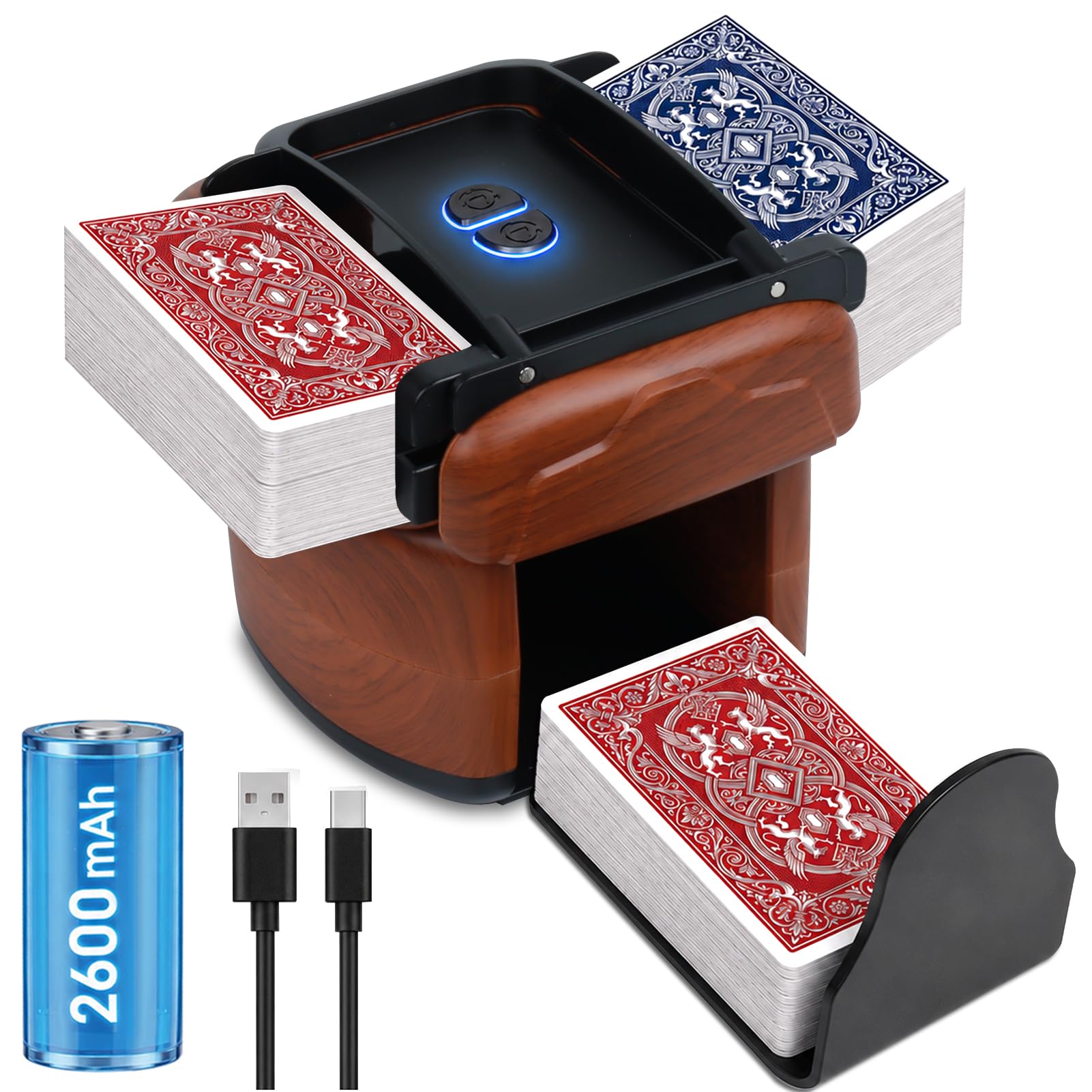 Kartenmischmaschine Elektrische für 1-4 Decks, USB Aufladbarer Kartenmischer mit 2600 mAh Akku, Auto & Manuell Modus, Klemmsicher Karten Mischgerät für Poker, UNO, Skip BO, Phase 10-Holzoptik