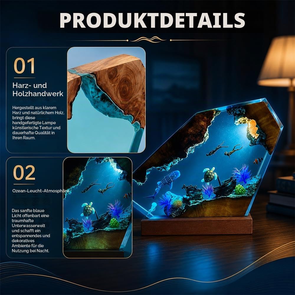 Epoxidharz Lampe, 3D Ozeanlampen mit Taucher und Buckelwale, Fake Aquarium Ocean Lamp aus Holz und Harz, Meerestiere Deko für Meeresliebhaber, Desktop-Kunst-Dekoration