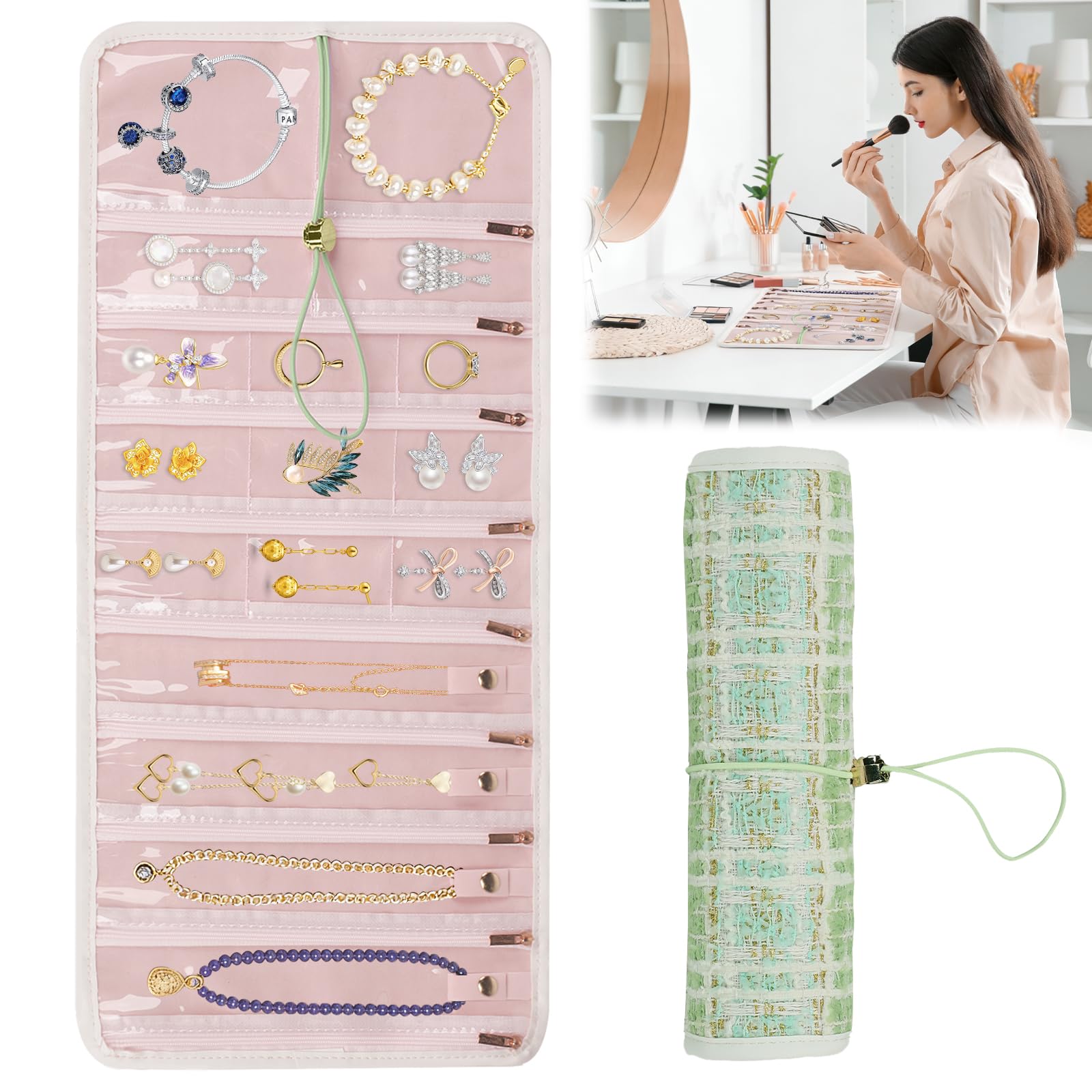 Rollo Joyero, Joyero Viaje Mujer, Almacenamiento de Joyas Bolsa Terciopelo Plegable con 17 Bolsillos con Cremallera, Organizador de Joyas para Anillos, Pendientes, Collares, Pulseras (Verde)
