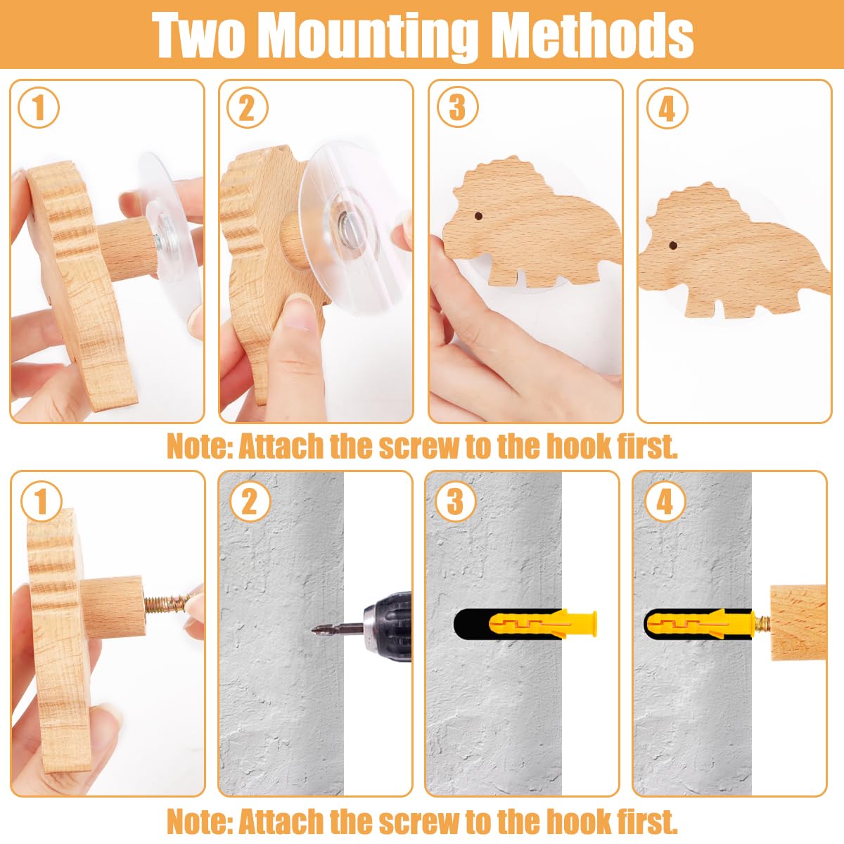 MplehDa Pomelli in Legno per Armadi per Cameretta dei Bambini, 4 Pomelli con Motivi di Animali, 2 in 1, Autoadesivi con Viti, Maniglie in Legno per Armadi, 4 cm x 7 cm, Marrone