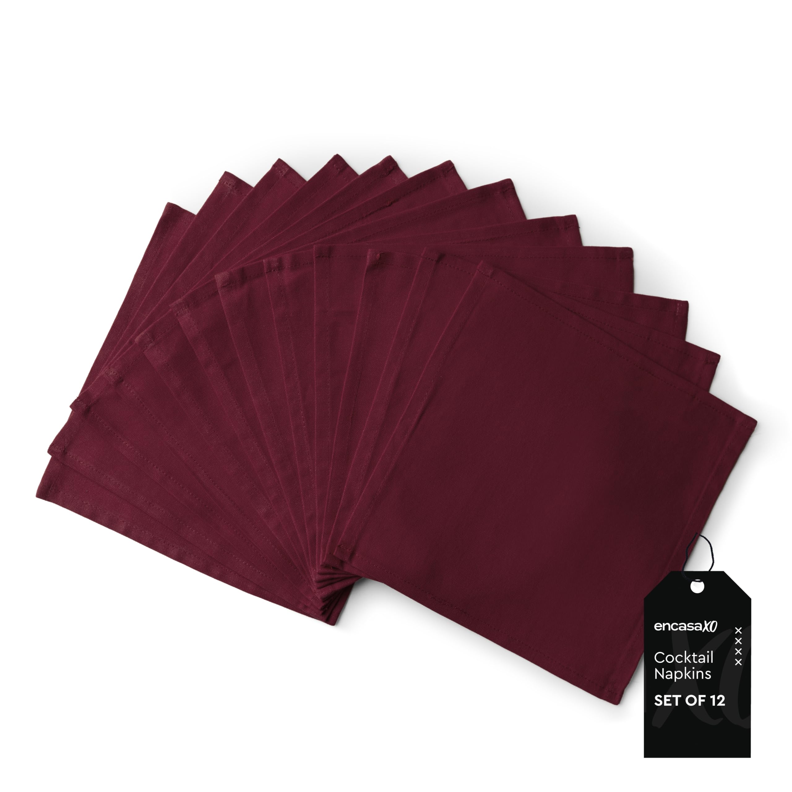Encasa XO Cocktail Cloth Napkins Set of 12 | Pure Cotton Table Napkin | Size 23x23 cm | Rich Maroon Solid | Machine Washable