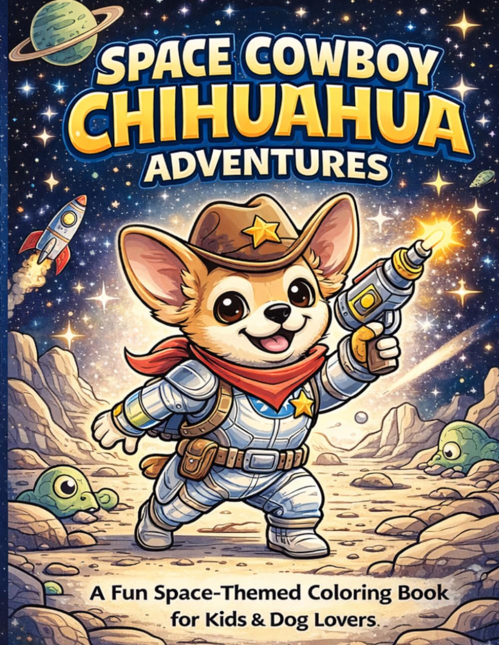 Space Cowboy Chihuahua Colouring Book: Fun Outer Space Adventures for Kids: 101 Fun and Easy Colouring Pages of Cute Chihuahua Cowboys in Space - Rockets, Aliens and Adventure Scenes for Kids