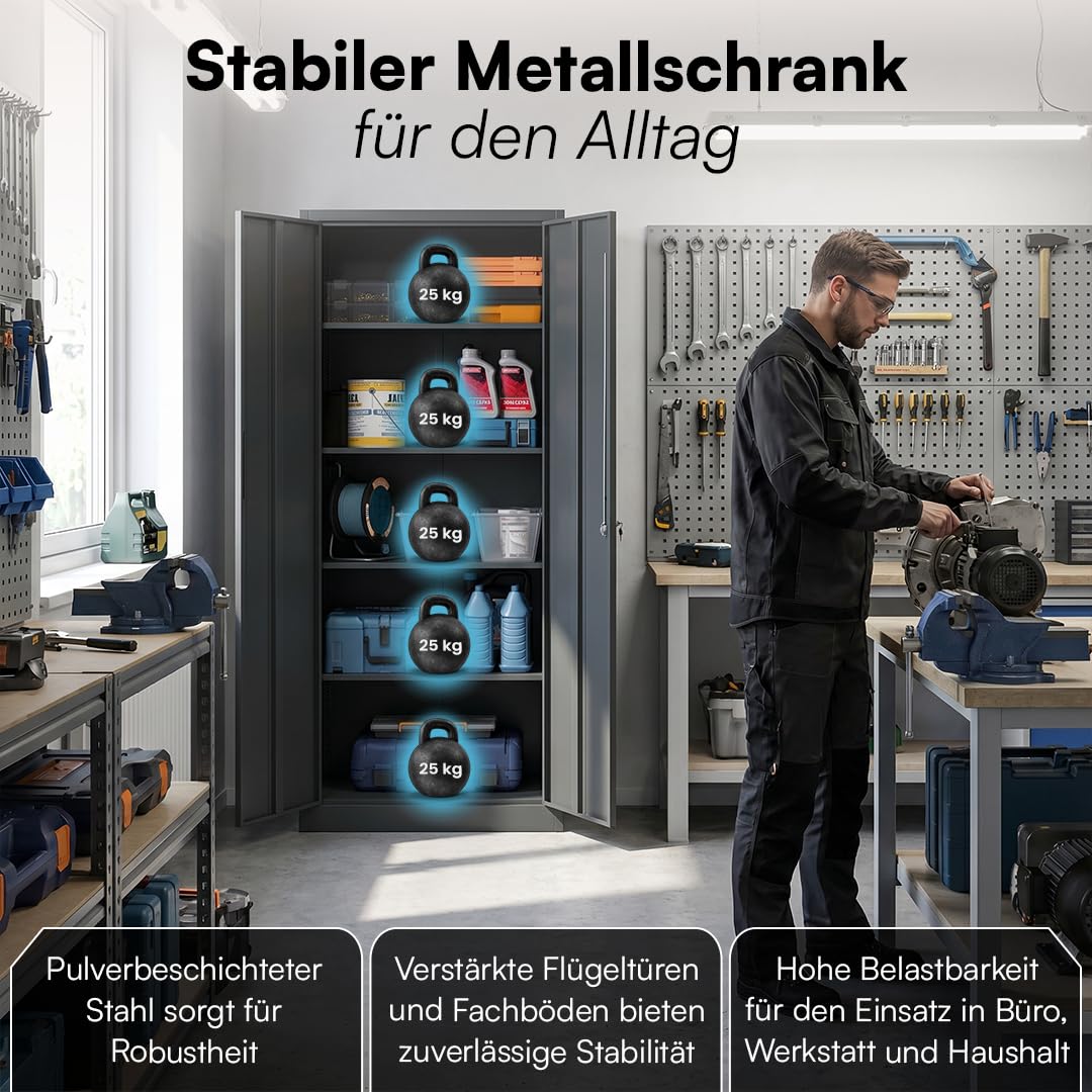 STEELSØN Regulus Metallschrank abschließbar – Stahlschrank mit 5 Ebenen – Werkzeugschrank mit Doppeltüren Anthrazit – Werkstattschrank mit verstellbaren Ablagen – Aktenschrank/Büroschrank Metall