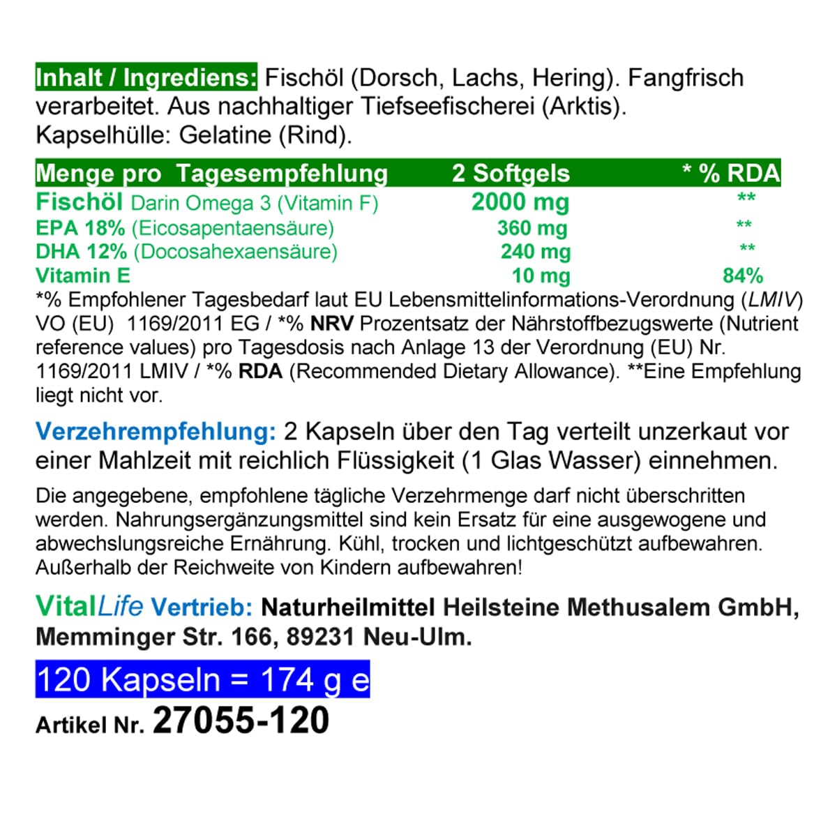 OMEGA 3 EPA + DHA - Fischöl 2000mg/Tag - 360 (3x120) PREMIUM ARKTIS Kapseln für HERZ - NERVEN - BLUT - GEHIRN - SEHKRAFT - KREISLAUF - Ohne Fischgeschmack - OHNE ZUSATZSTOFFE. 27055-3