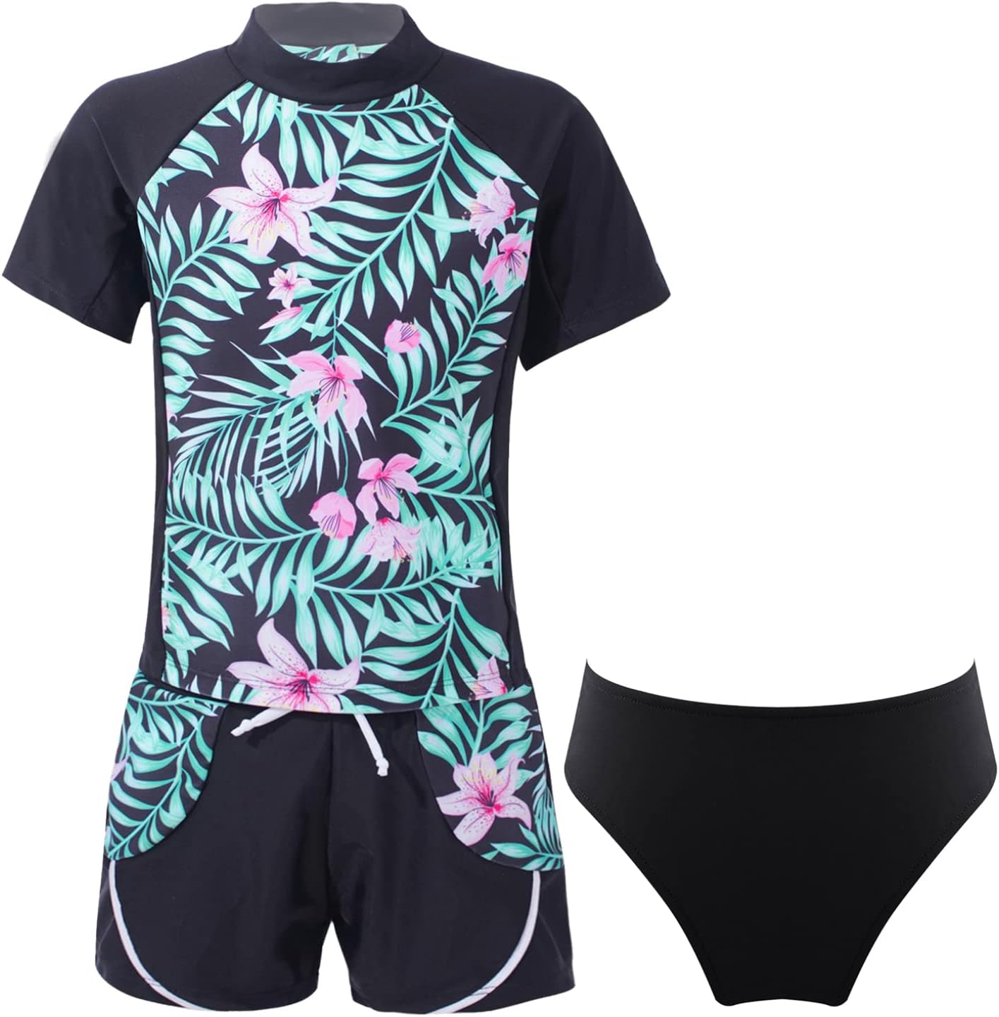 Kaerm Girls UPF 50+ Swimsuit Swim Top with Briefs and Elastic Waist Shorts Rash Guard Set