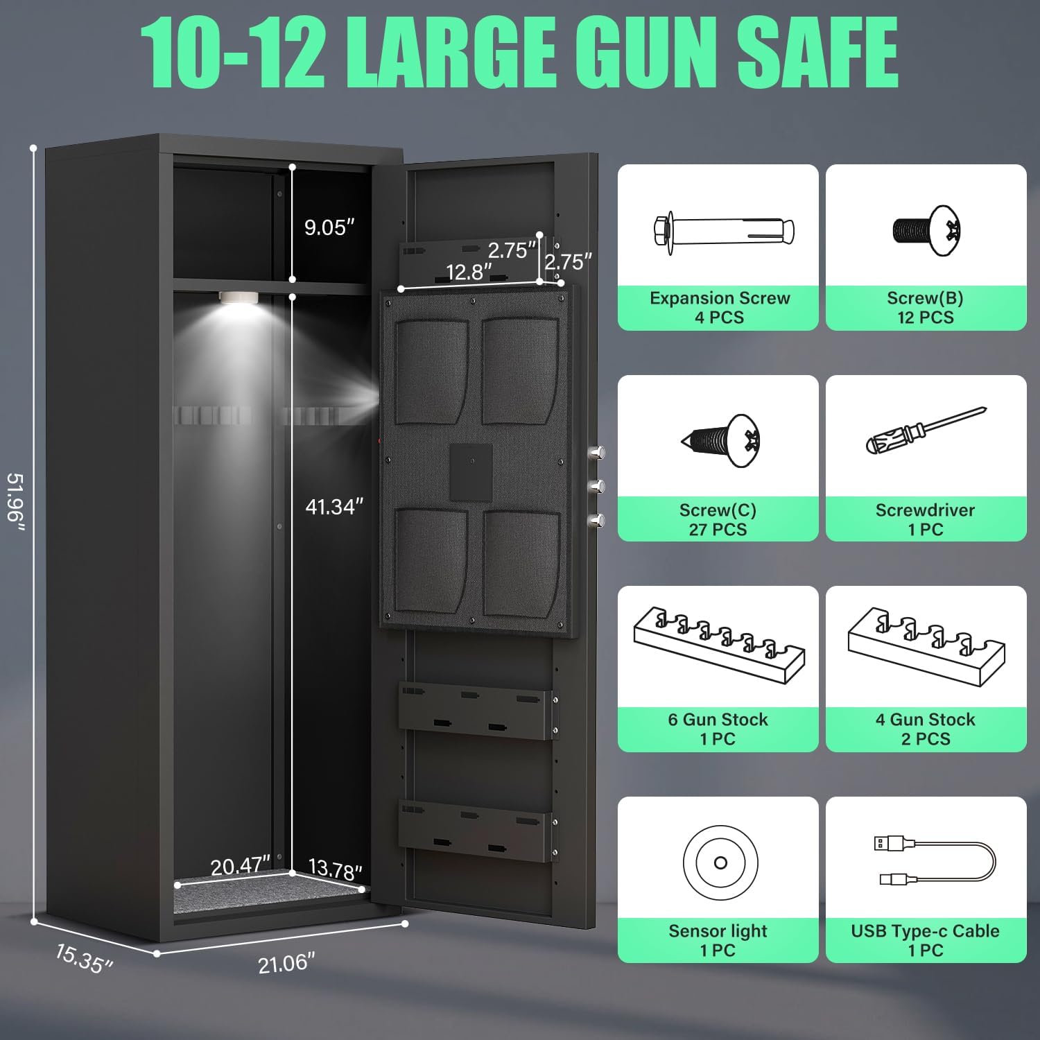 Diagram showing gun safe dimensions and included components