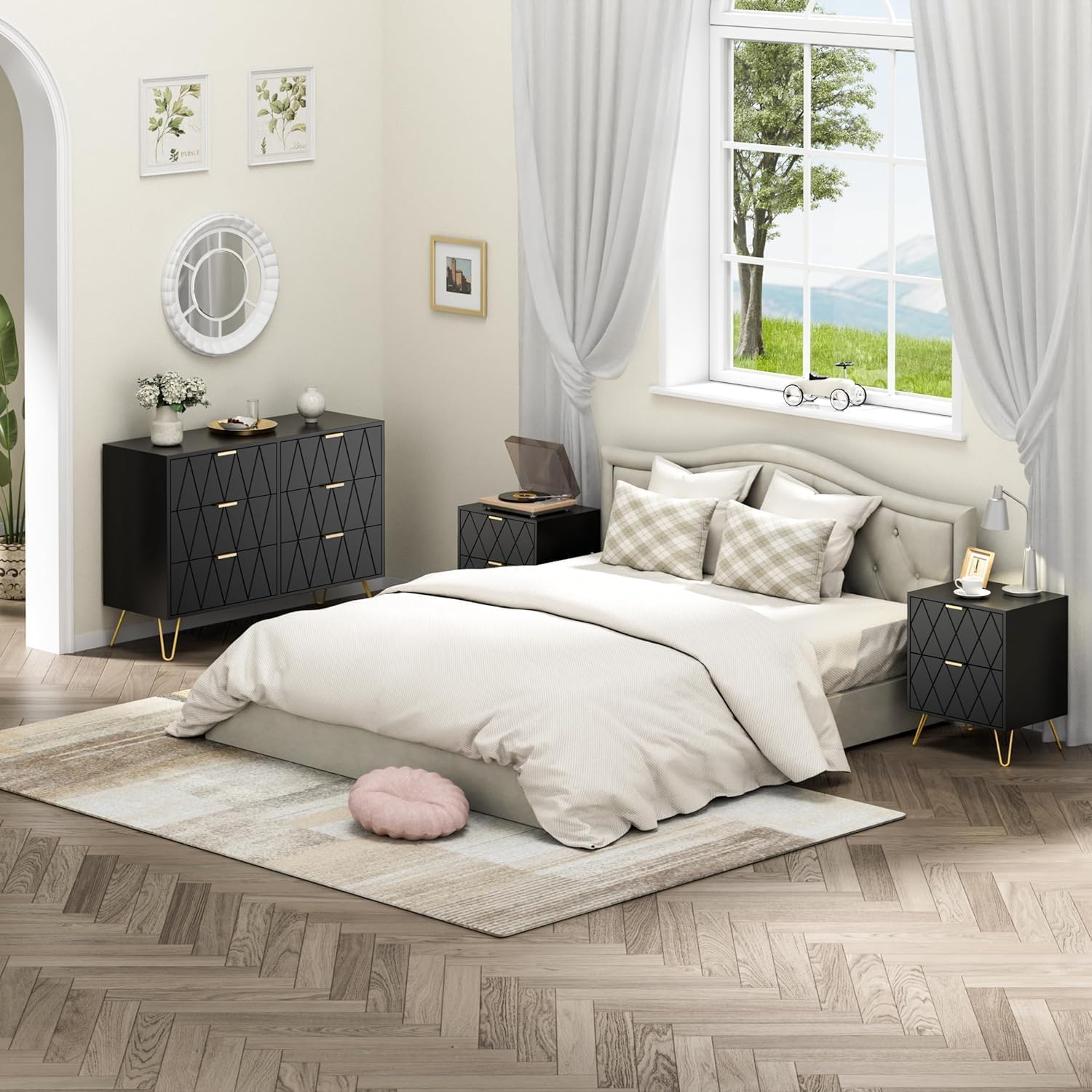 UEV Schlafzimmer Komplett-Set in schwarz, 3er-Set Schlafzimmermöbel, Kommode mit 6 Schubladen und 2er-Set Nachttisch, Goldene Griffe und Füße, Linienmuster, Skandinavisch für Wohnzimmer, Schlafzimmer