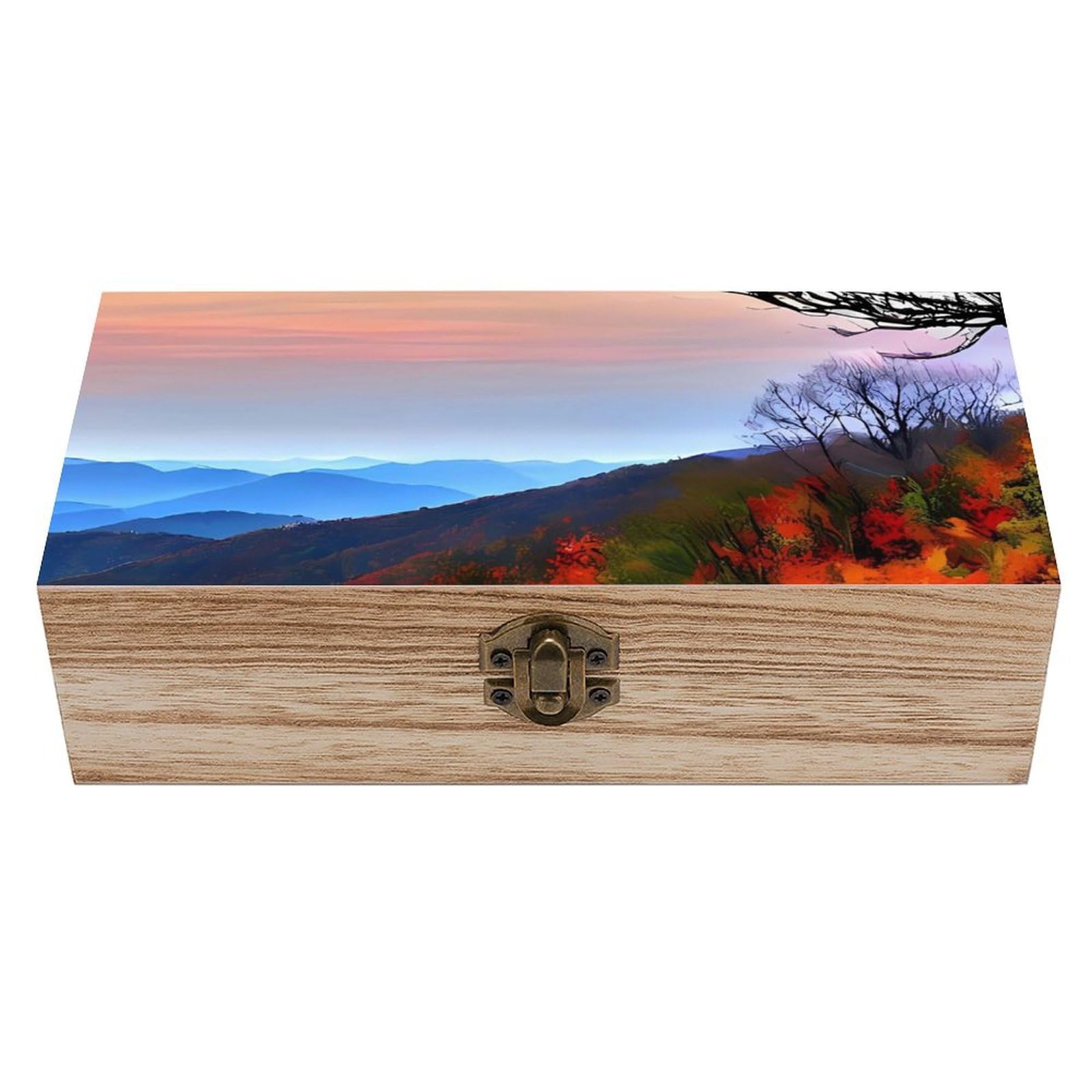 Boîte de rangement en bois bleu motif montagnes pour souvenirs et bijoux