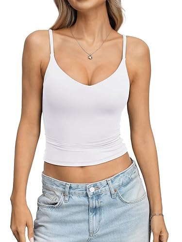 EasyGala Womens Double Lined Camisole Crop Tops Sexy V Neck Spaghetti Straps Tank Tops Fitted Y2K Summer Going Out Shirt - White - Small