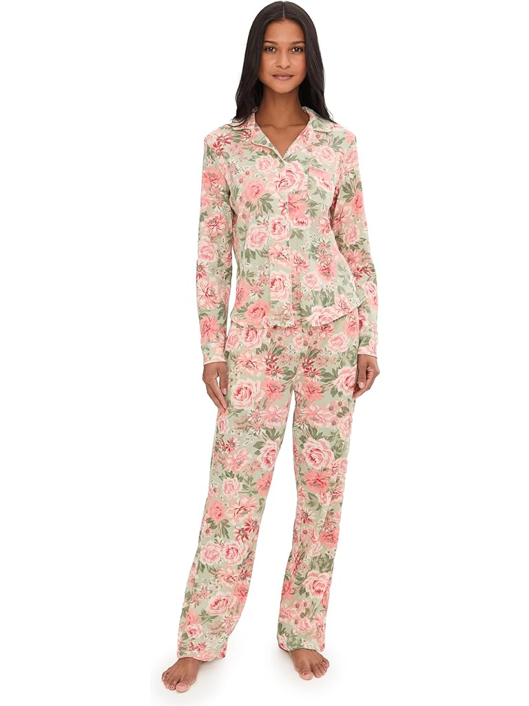 Multi Karen Neuburger Vintage Dreams Long Sleeve Notch Top & Long Pants Set With Picot Trim