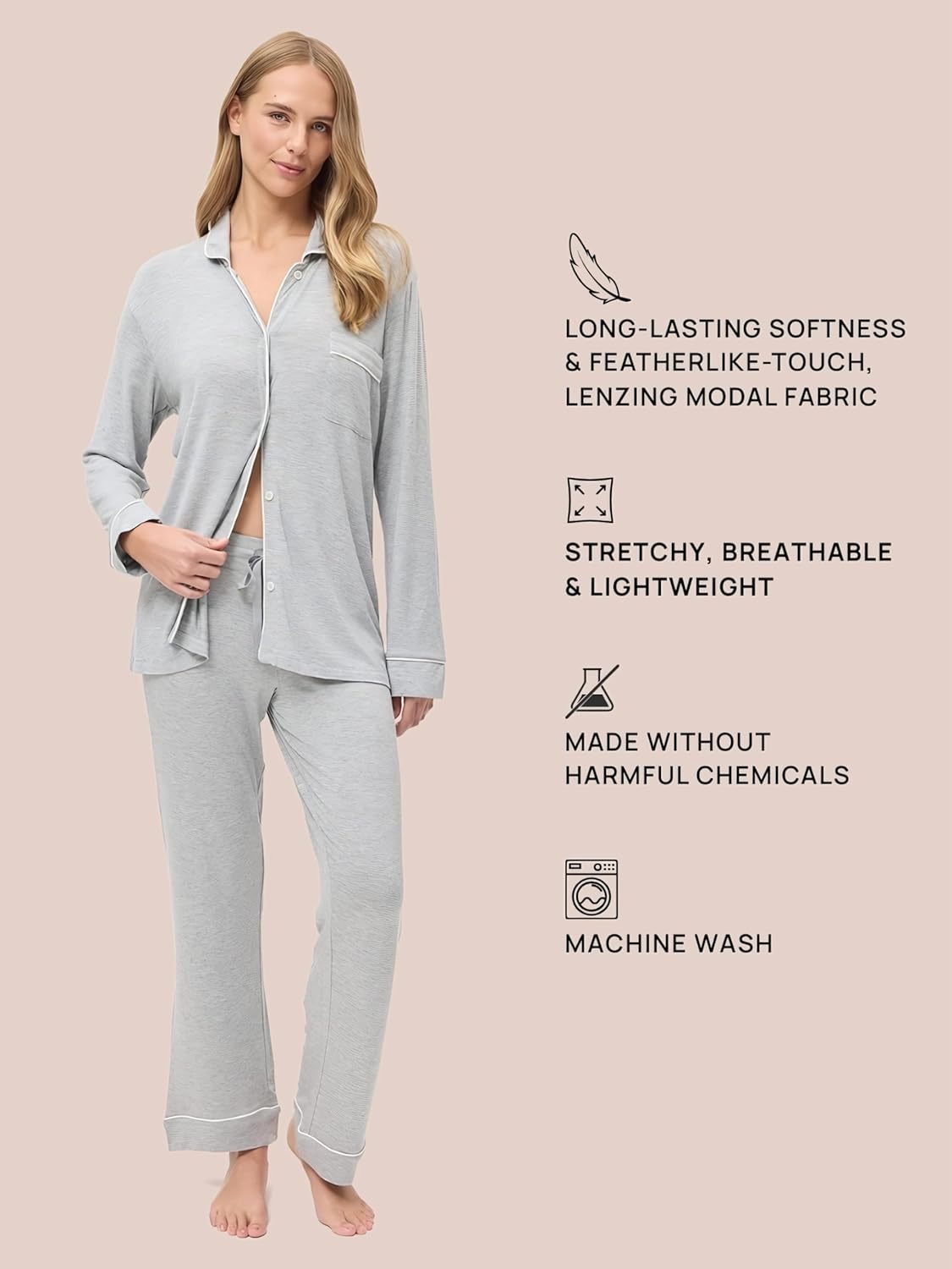 Papinelle Women’s Kate Modal Full Length PJ Set - TENCEL™ Modal by Lenzing™, Soft Breathable Button-Up Top & Drawstring Pants - Image 6
