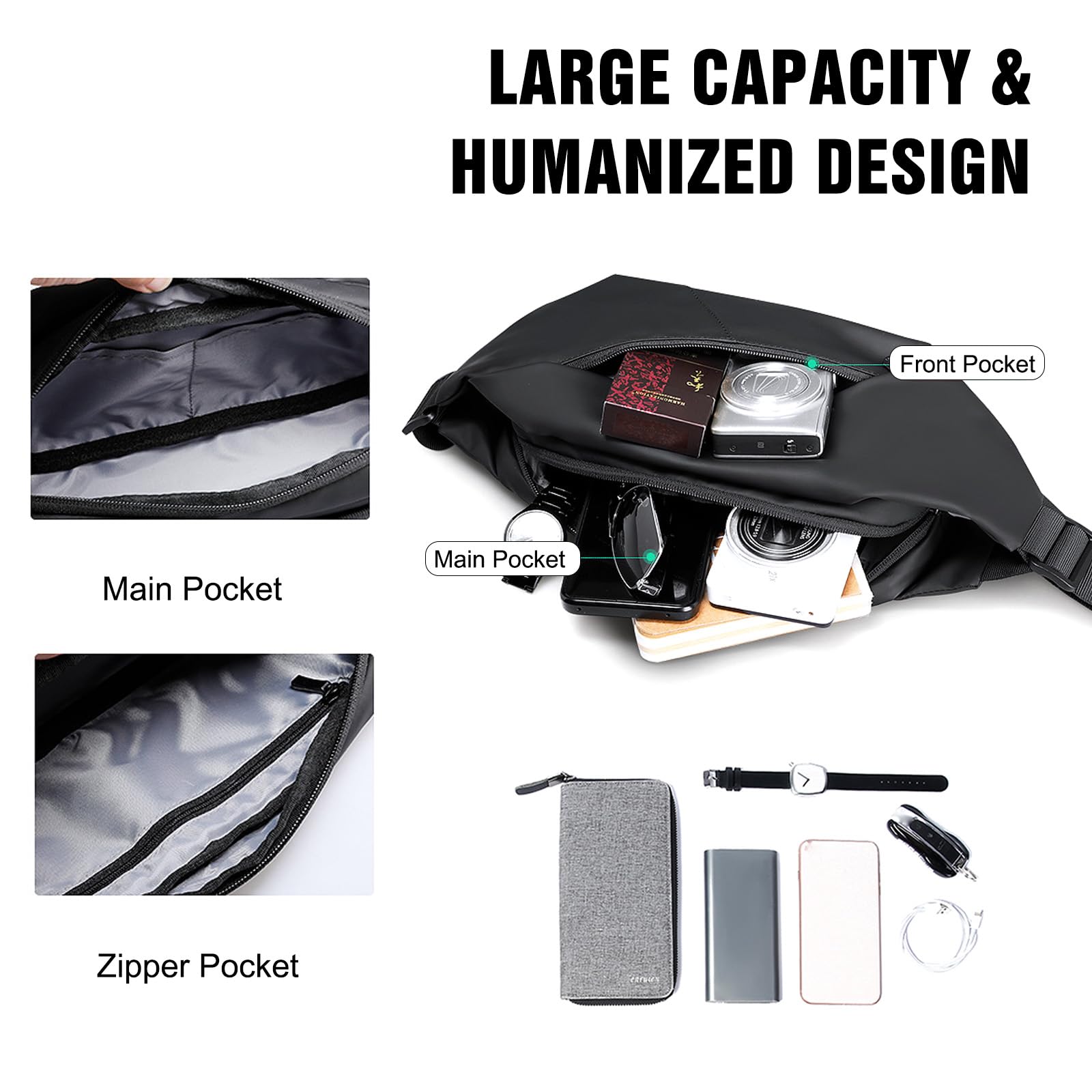 FANDARE Sac Banane Homme Femme étanche Cargo Multipoches Sac Ceinture Banane Polyester avec Poche Avant Sac à Dos Banane Imperméable Légère pour Voyage Randonnée Course Sport Moto Vélo
