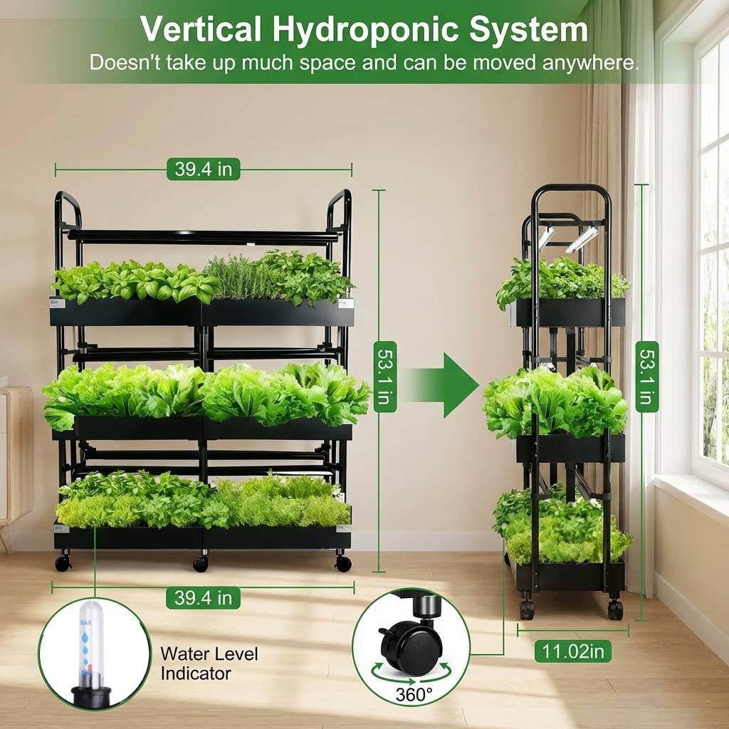 Kit de sistema hidropónico grande de 3 niveles para interiores con luces de crecimiento, medio de cultivo doble, bomba de agua doble, jardín interior, 88 cápsulas para verduras, hierbas