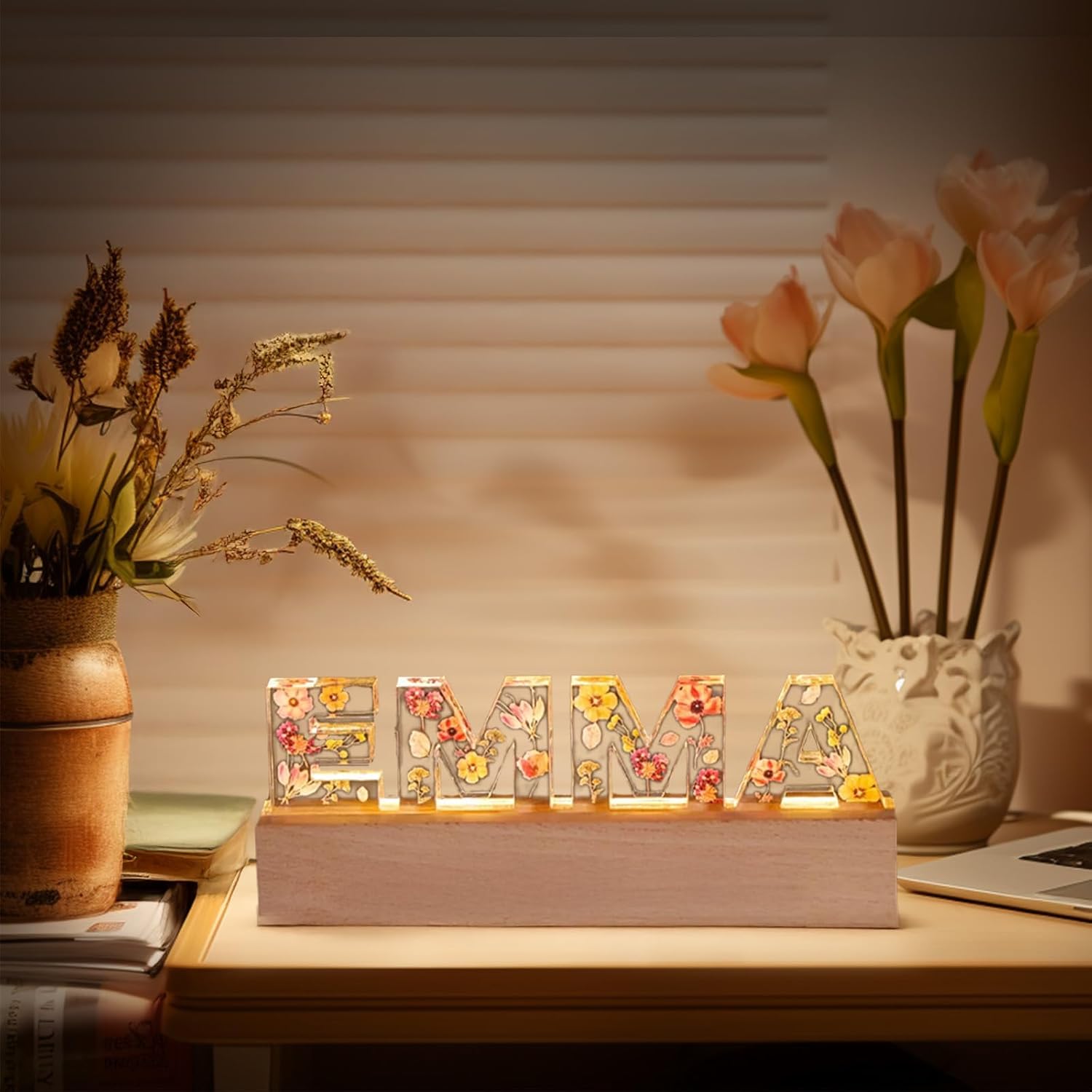 Custom Night Light – Personalized Dried Flower Night Light with Name Light-Up Letters, Birthday and Valentine's Day Personalized Gifts for Women, Wives, and Mothers