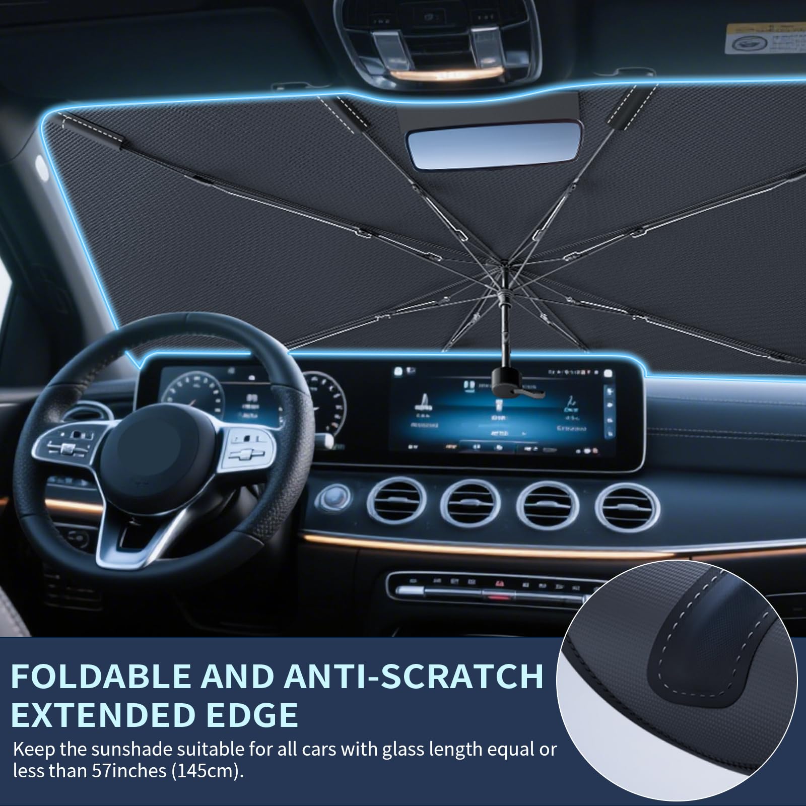 Tecoom - Ombrello parasole per parabrezza dell'auto, 144,8 x 81,3 cm, pieghevole, con blocco UV, isolamento termico, protezione solare interna dell'auto, universale, per auto, camion, SUV